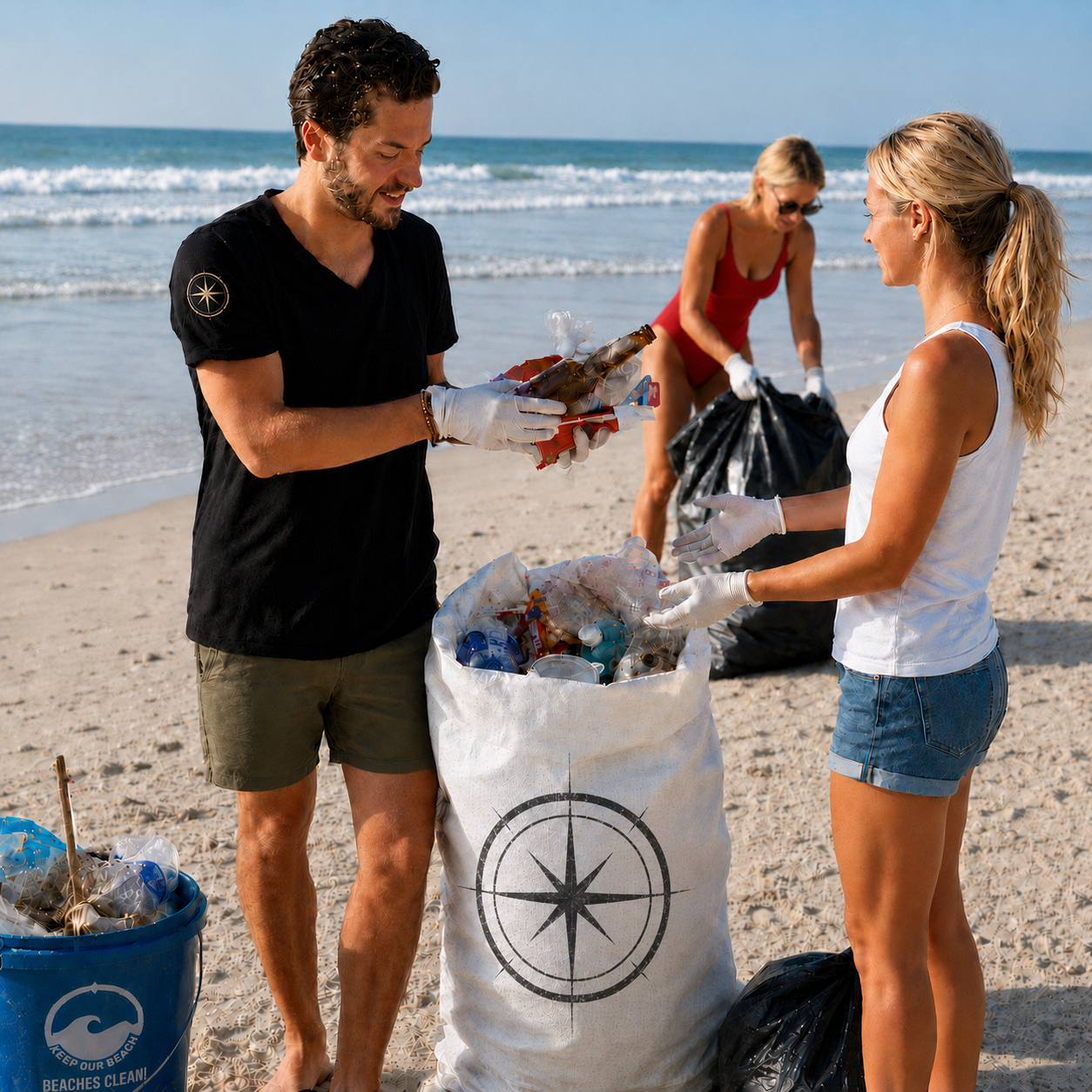 Two volunteers collecting trash on a beach with large bags, one man and one woman, while another woman in the background picks up litter near the shoreline.