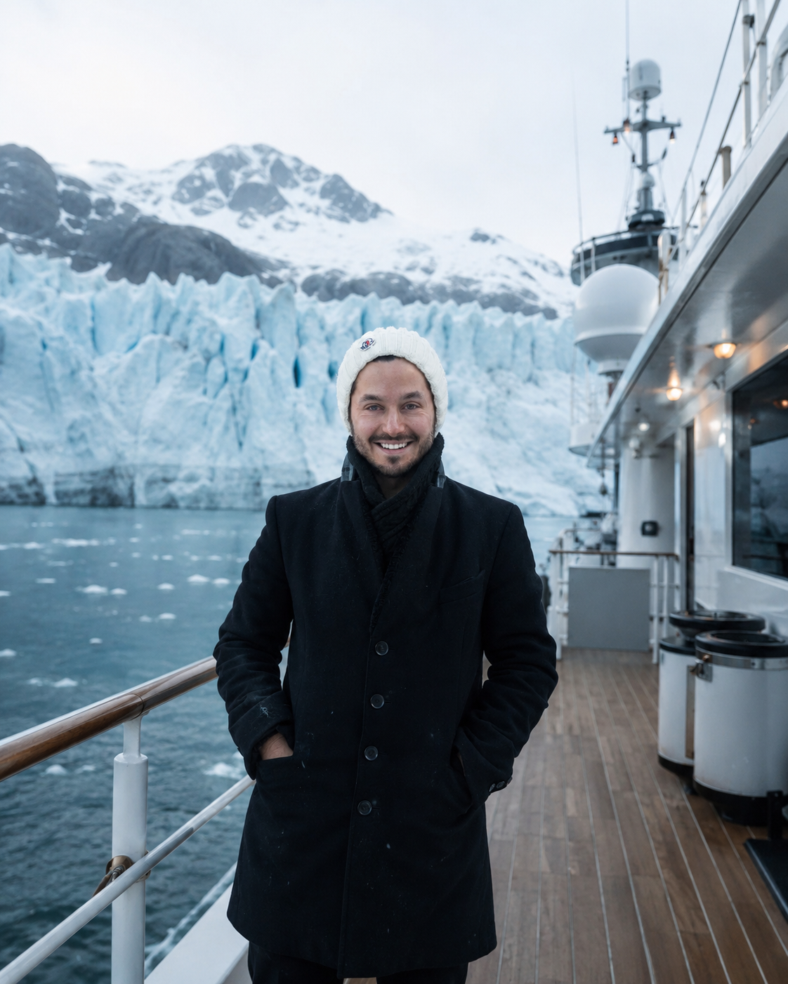 A man smiling on the deck of a boat with icy water and a glacier behind him.