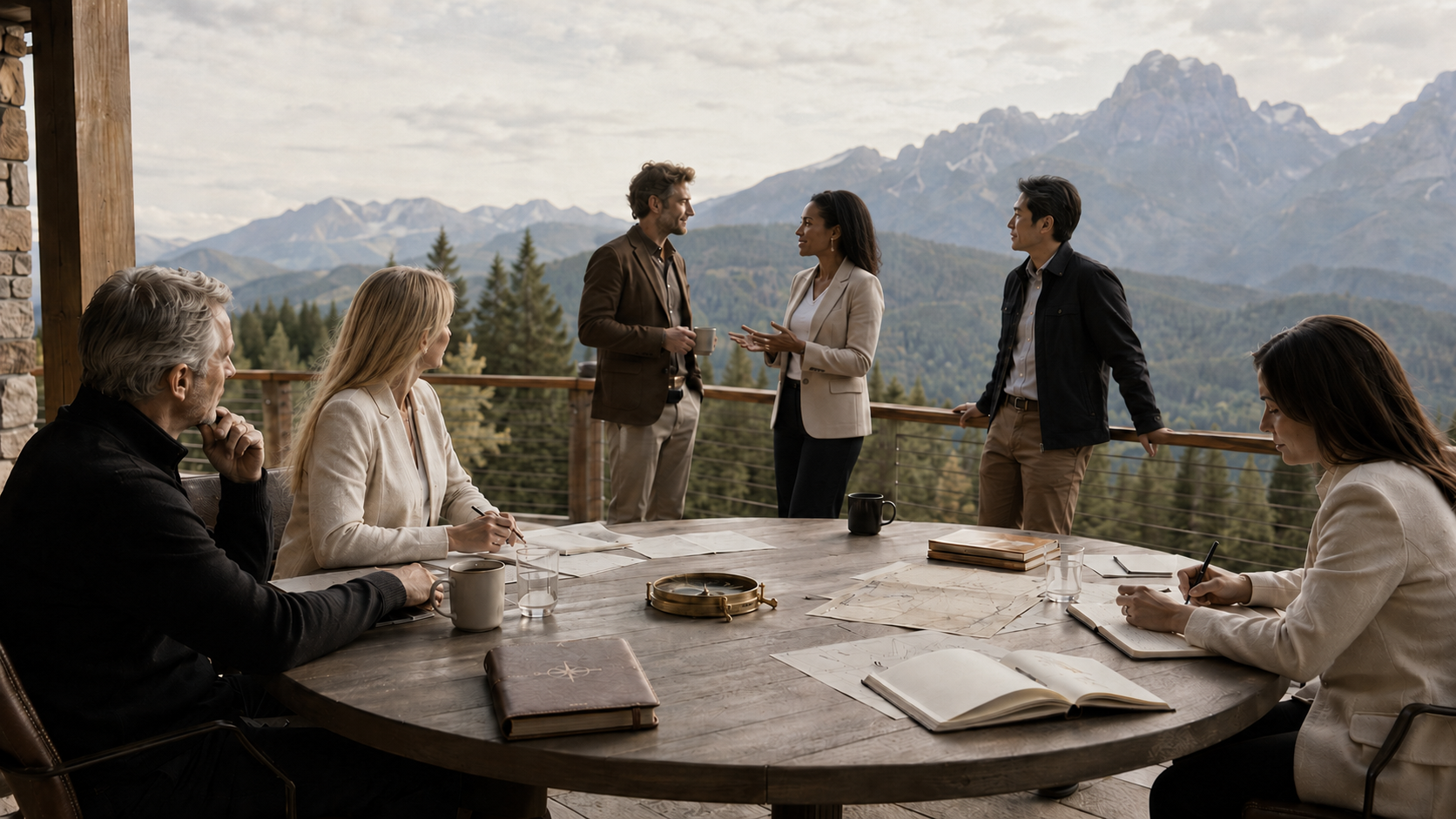 Business meeting outdoors with six people around a conference table, mountain scenery in the background, some taking notes, others standing and talking.