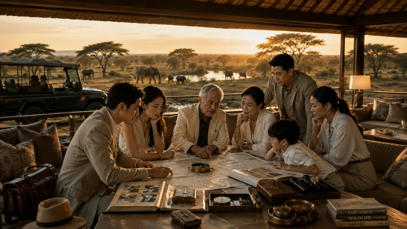 A group of people gathered around a table inside a safari lodge during sunset, with elephants and acacia trees visible in the background.