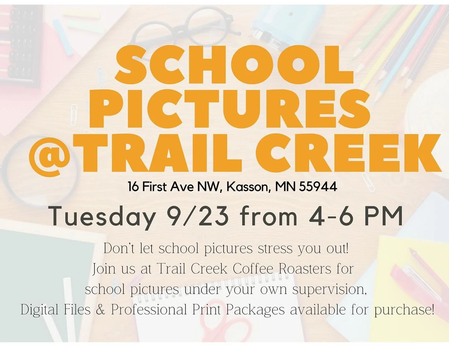 So many school pictures are popping up this week!! 📸
If yours didn&rsquo;t turn out quite how you hoped&mdash;or you&rsquo;re looking for a more affordable option&mdash;join us next Tuesday from 4&ndash;6pm at @trailcreekcoffeeroasters!

✨ Walk-in s