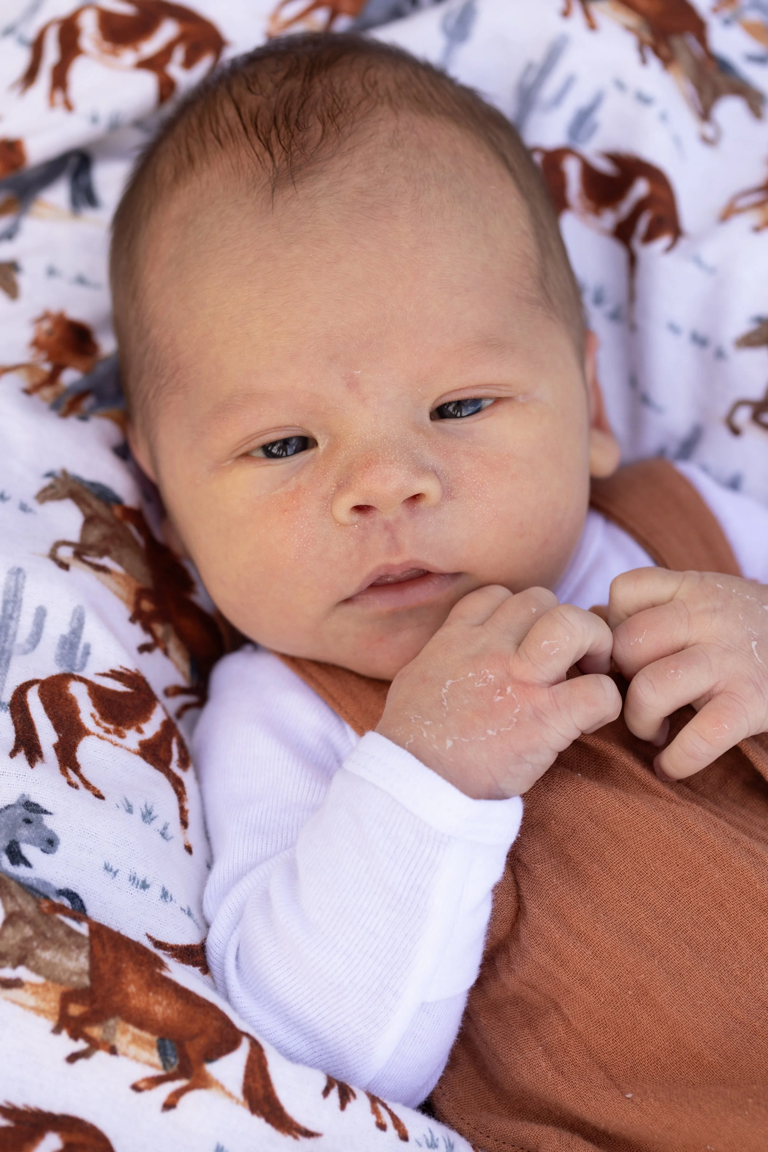 Close-up of a baby lying down, wearing a white long-sleeve shirt and an orange-brown vest, with hands near the mouth, and a blanket with horse patterns in the background.