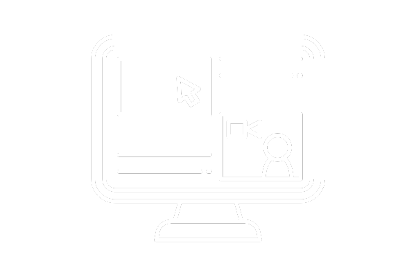 Icon of a computer monitor displaying a video conferencing interface with a cursor, video camera, and user profile.
