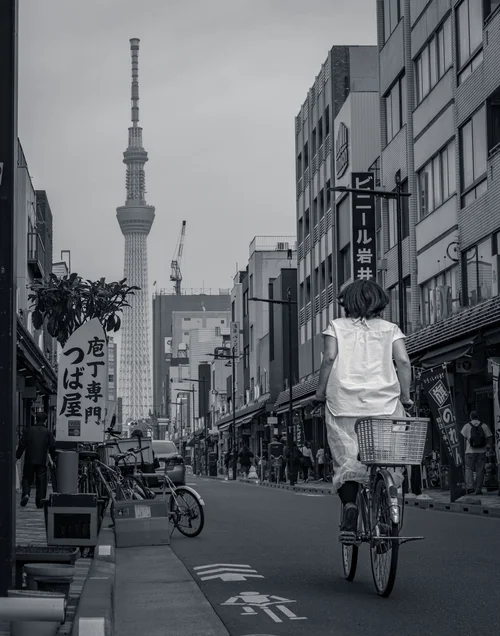 A cyclist riding away down a city street with the Skytree rising in the distance, Tokyo, in black and white.