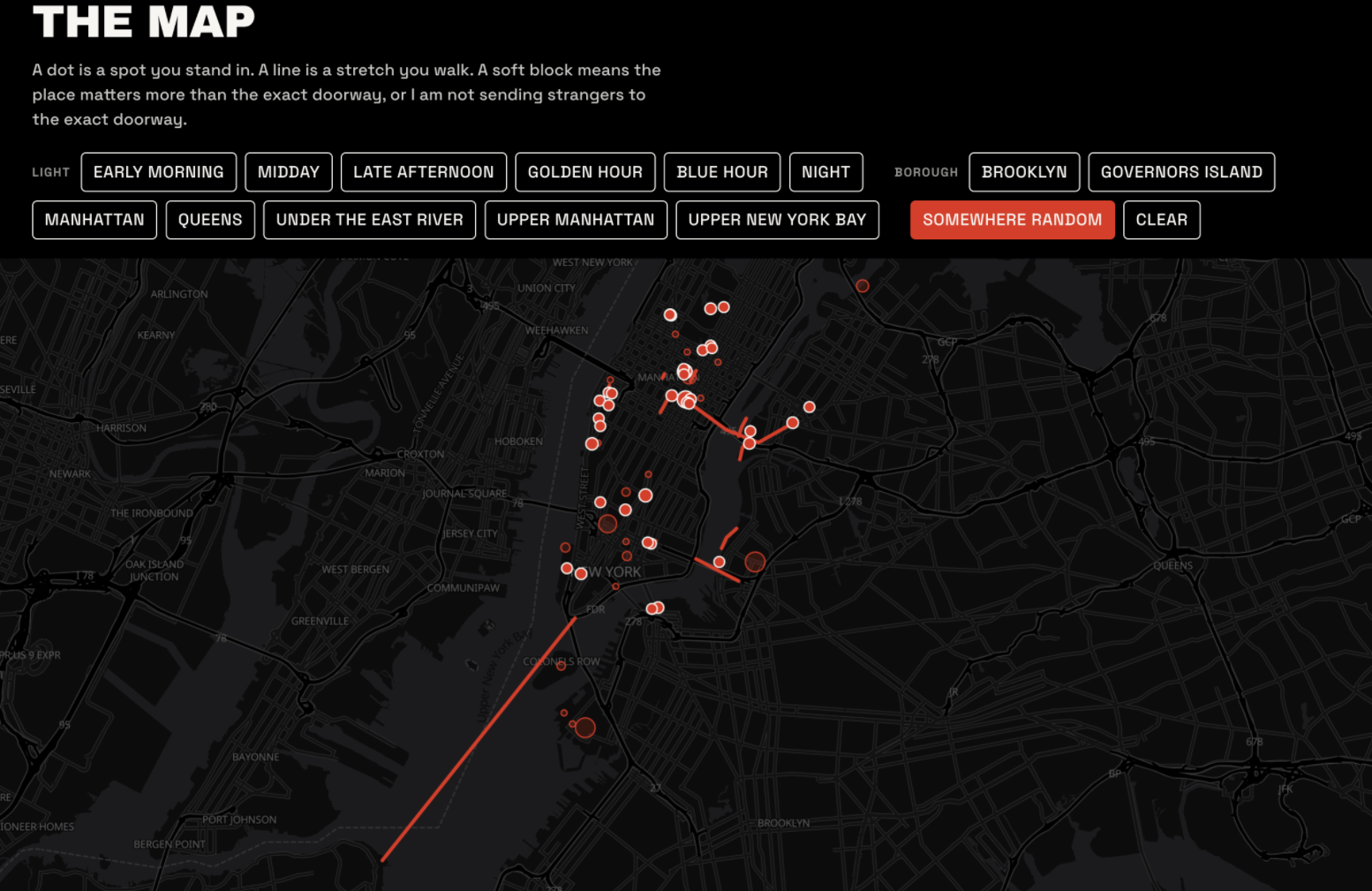 A screenshot of the Where to Photograph New York map, a dark map of the city scattered with orange pins and walked lines, with filters for light and borough above it.