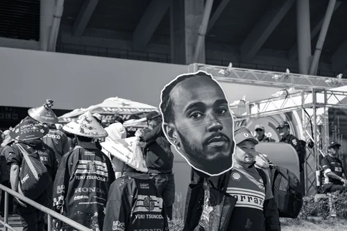 Black and white photo of a crowd of Formula 1 fans in team gear, with a cut-out portrait of a bearded man layered over the scene