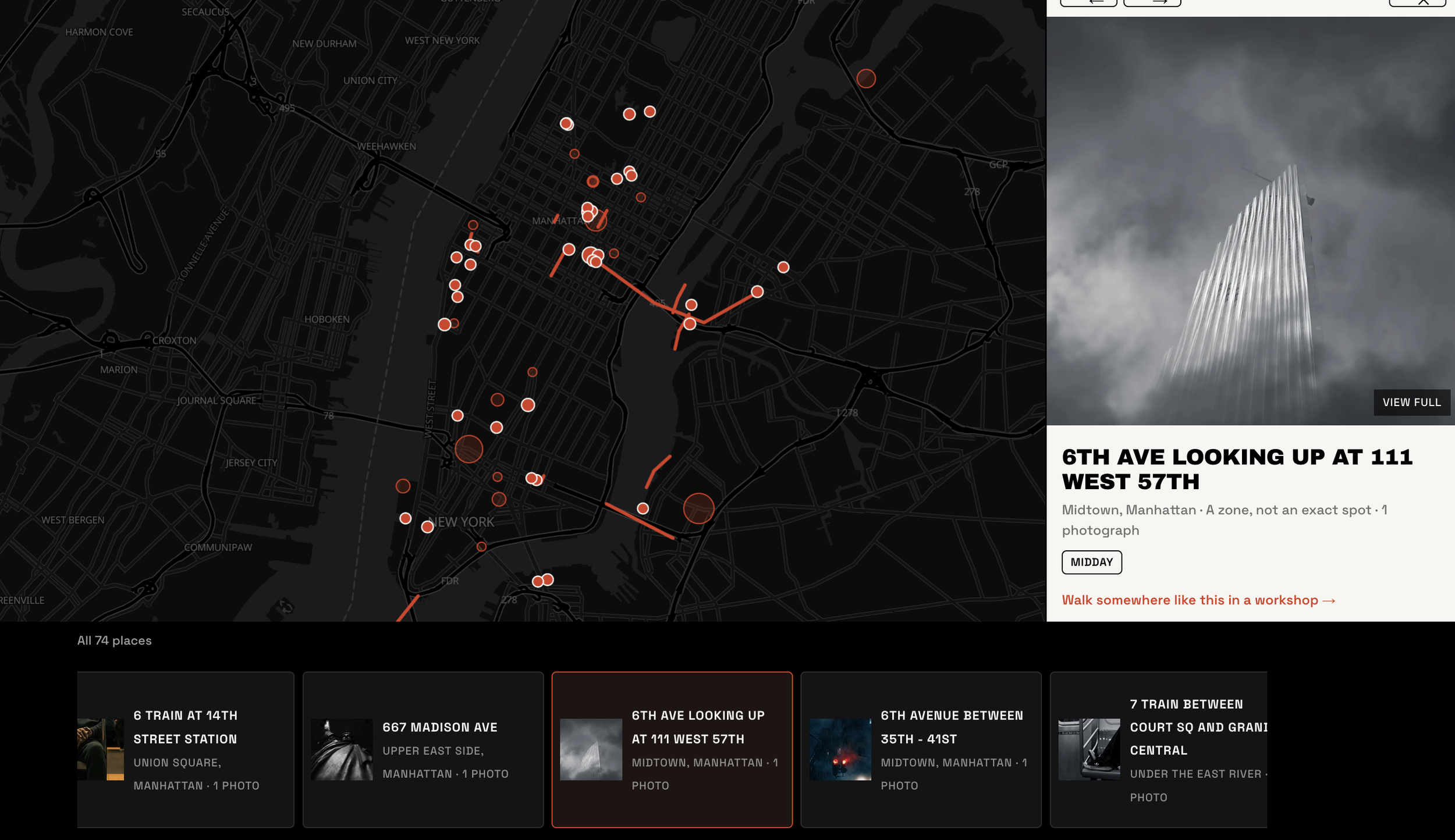A screenshot of a single pin on the map, showing the photograph made there, the neighbourhood, the light it was shot in, and a note that it is a zone rather than an exact spot.