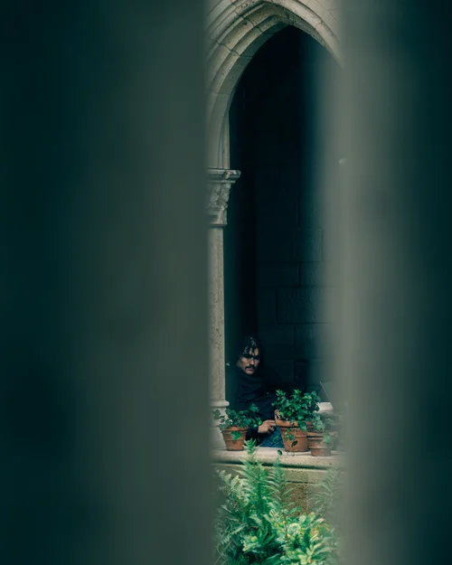 A dark arched opening framing a small pocket of greenery and warm light beyond, in muted green tones, New York.