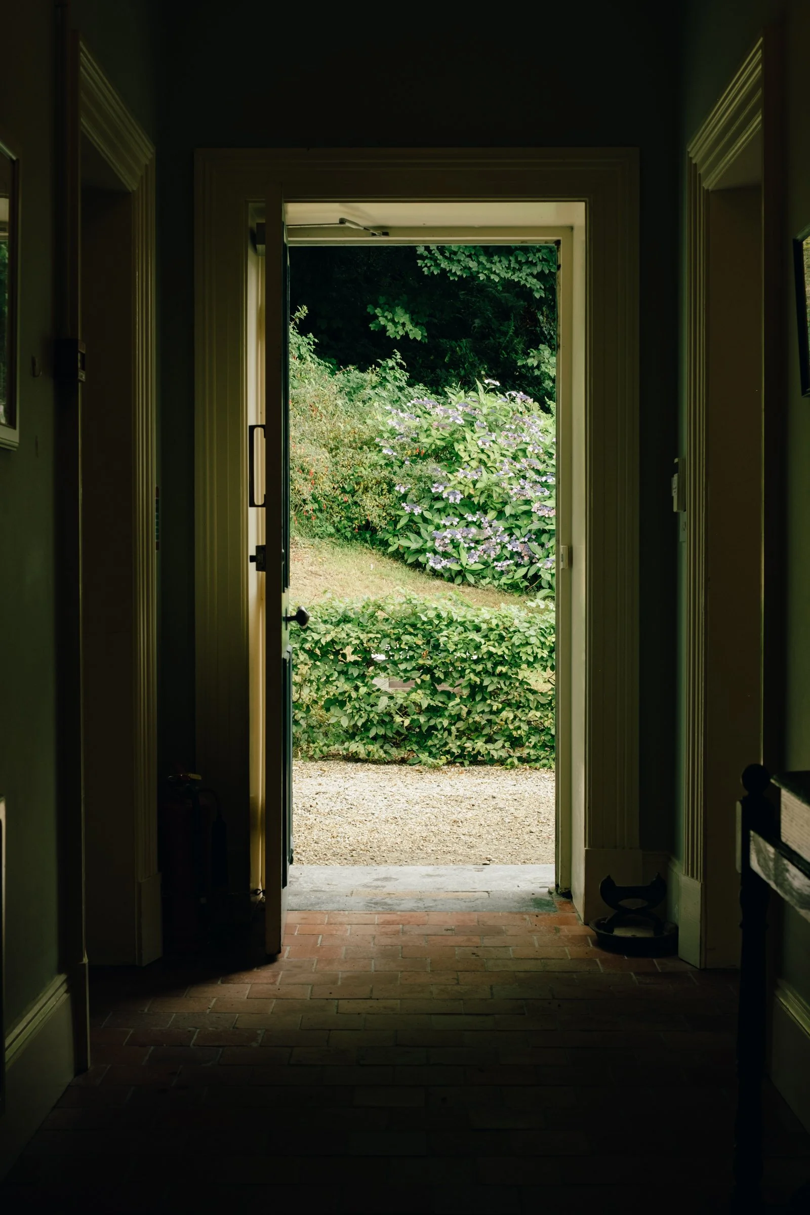 A dark hallway looking out through an open door to a bright green garden