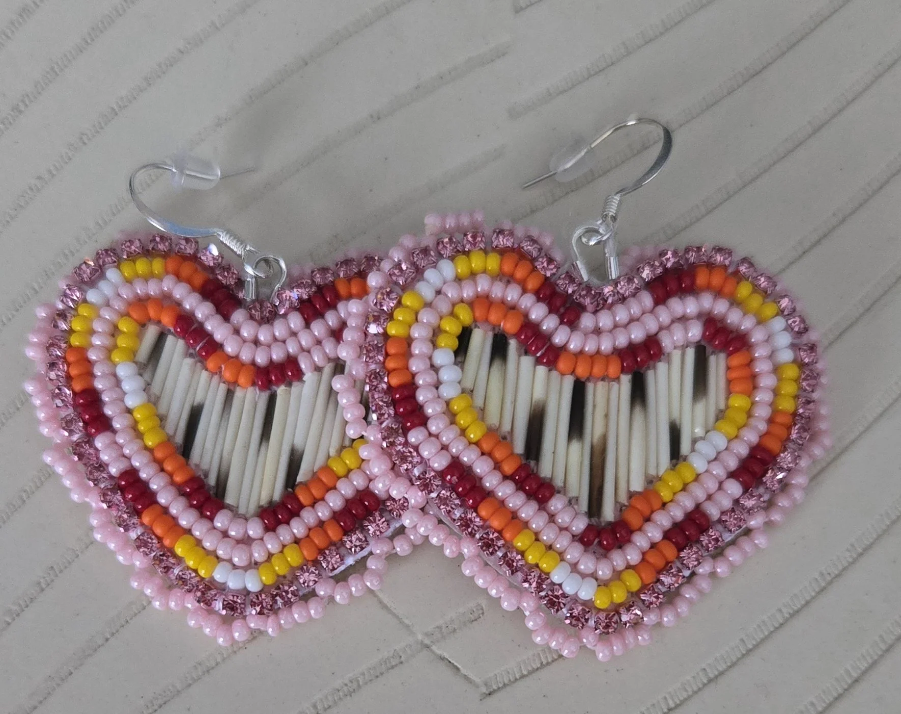 Heart earrings with porcupine quills