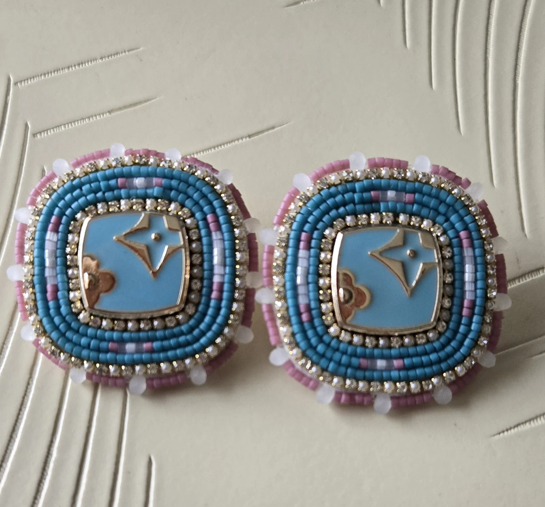 Teal and Pink Squared Beaded Earrings