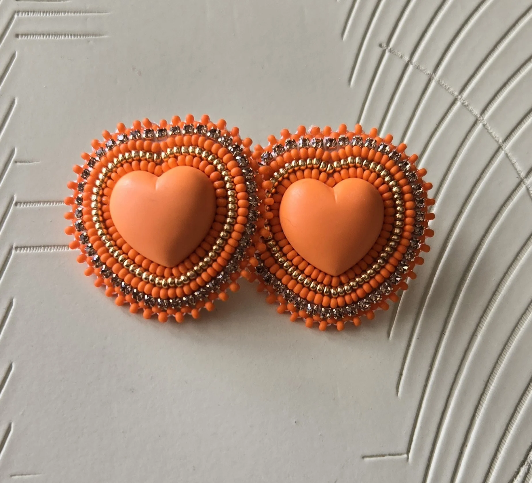 Orange & Gold Beaded Heart Earrings