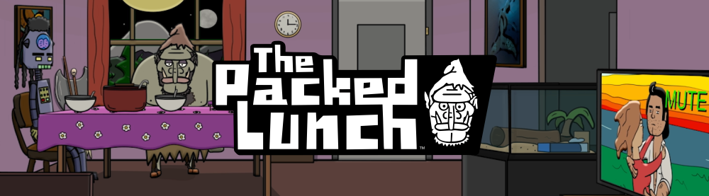 Animated scene with a purple-dressed character on a boat and a skeleton in a captain's uniform, with a TV showing a woman in indigenous attire and holding a dog, and the game's logo "The Packed Lunch" in the center.