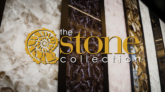 Display of various stone slabs with the text 'the stone collection' overlayed.