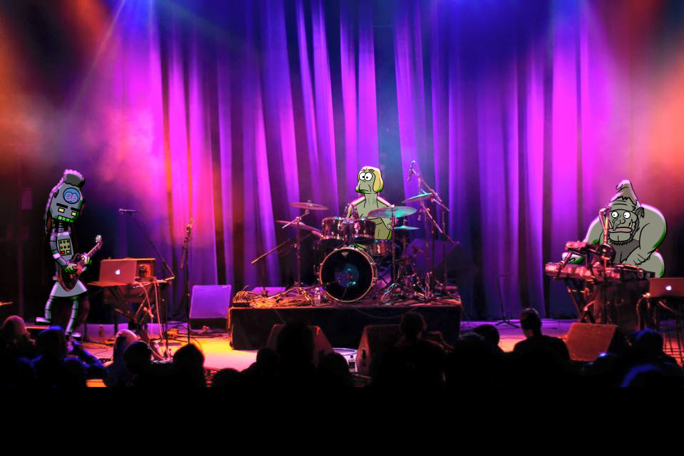 Stage with colorful purple and pink curtains, animated robot band performing with cartoon characters playing instruments, audience watching