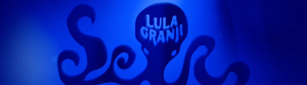 A blue poster features a stylized octopus with its tentacles curling outward and head displaying the words 'Lula Granj' in blue text, illuminated against a dark background.