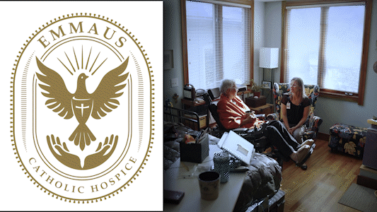 Logo of Emmaus Catholic Hospice and a scene inside a hospice room with two women sitting and talking, one in a hospital bed, the other in a chair near large windows.