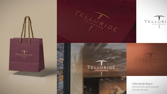 A collection of four images showcasing Telluride, Colorado. The first is a pink shopping bag with the Telluride logo, the second is a red brochure or booklet with the Telluride logo, the third is a white background with the Telluride logo, and the fourth is a glass window displaying the Telluride Colorado logo for the Telluride Ski Resort.