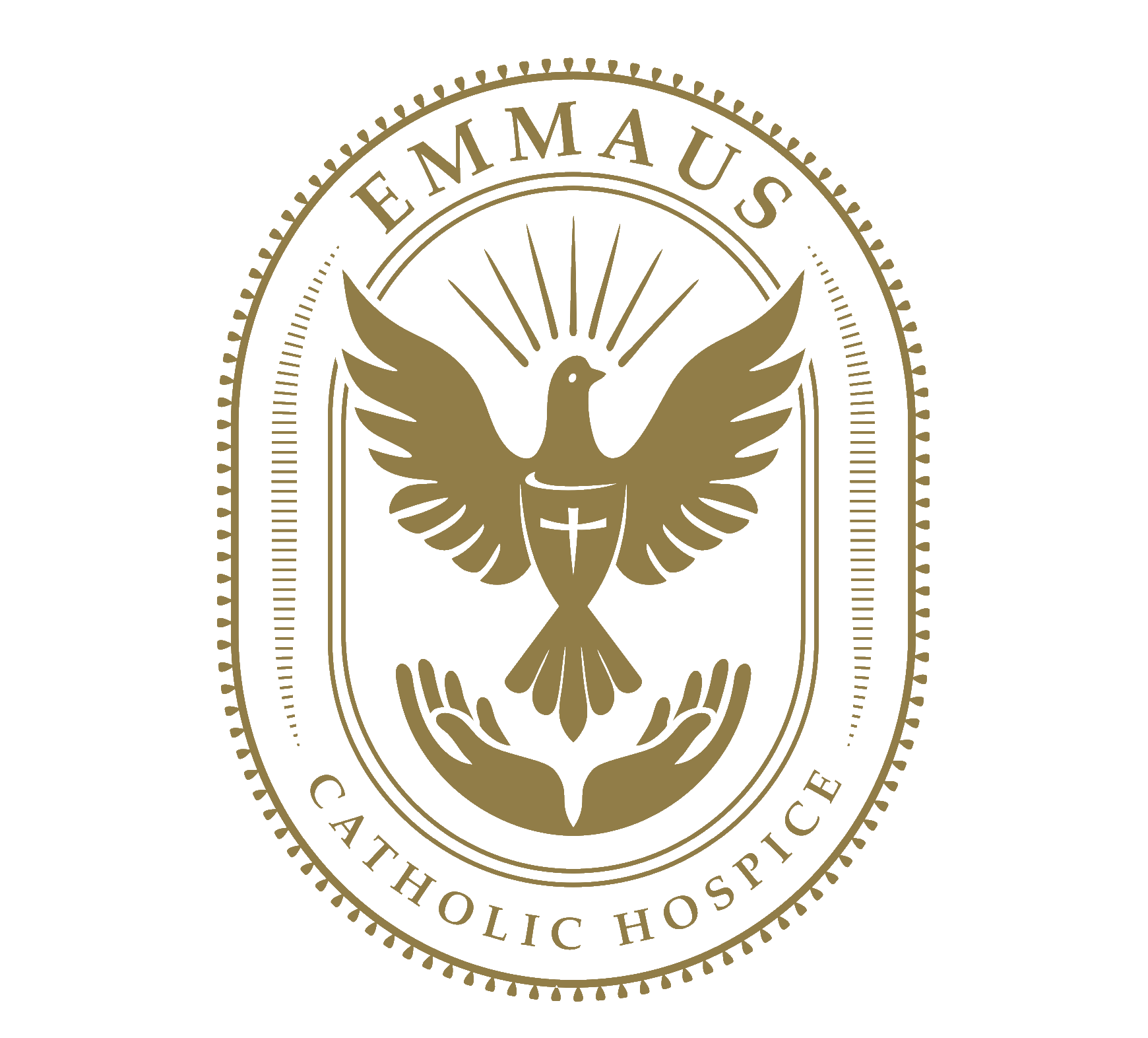 Seal of the Catholic Hospital of the Archdiocese of Chicago, featuring a dove with a cross on its chest, held by a pair of hands, with a radiating halo above its head, all in gold and black.