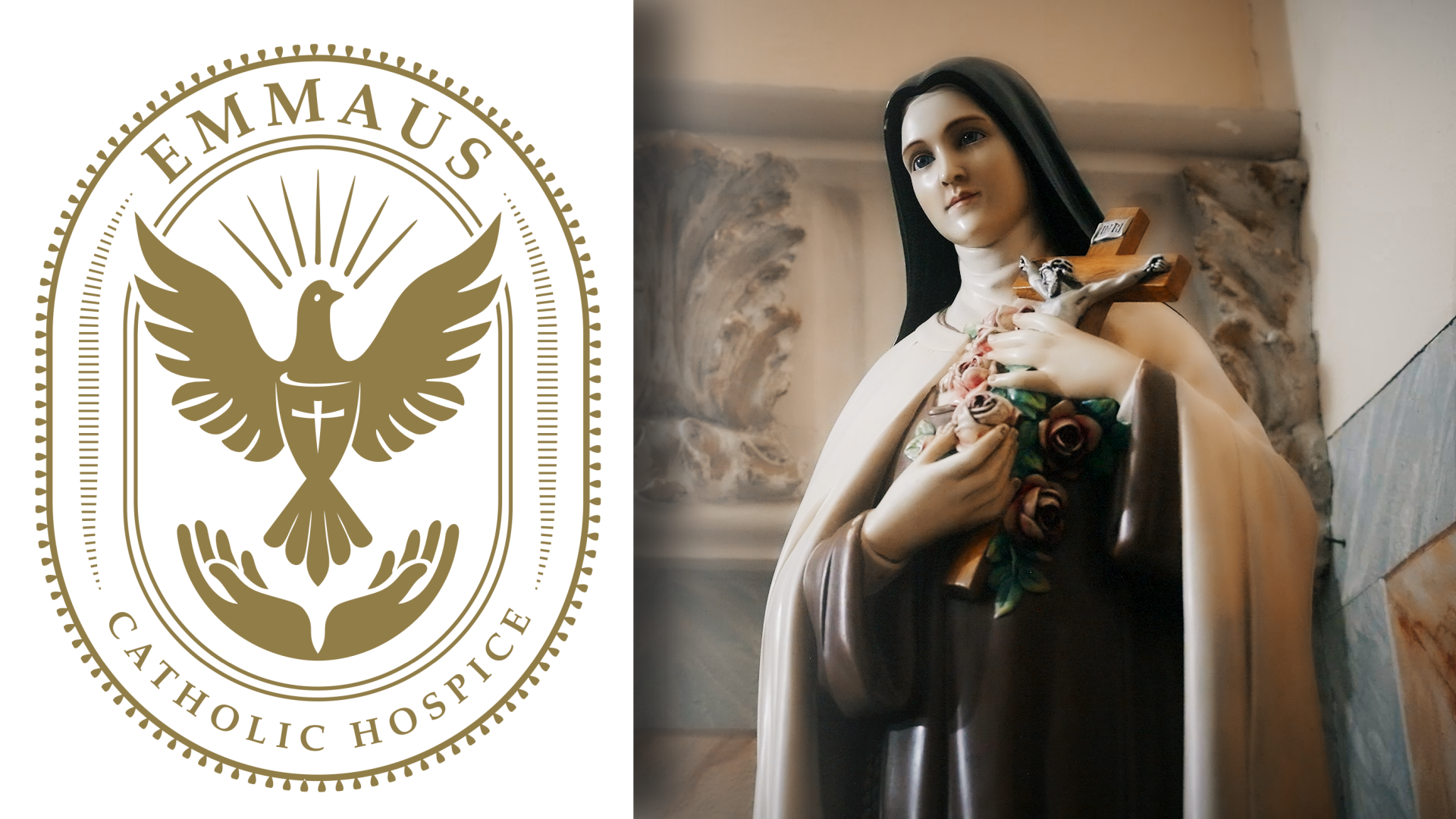 A religious statue of the Virgin Mary holding a cross and flowers, with a Catholic symbol or emblem to its left.
