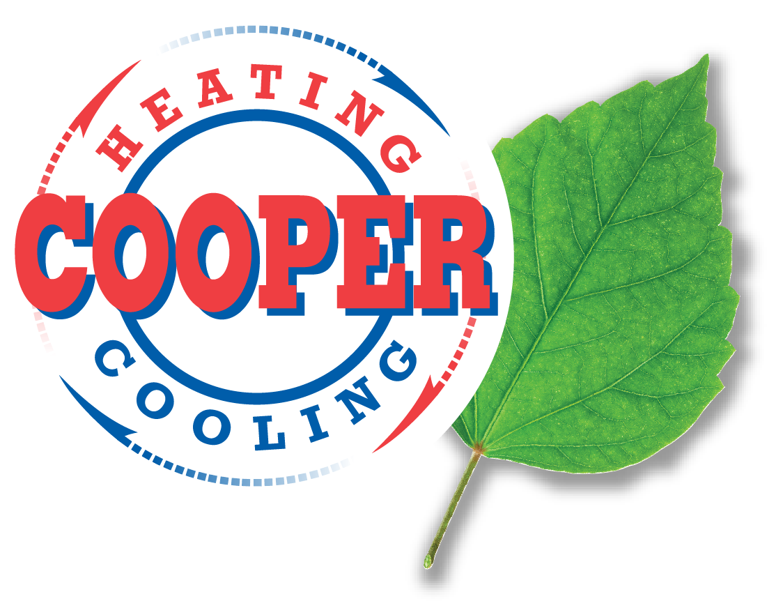 A circular logo with red, blue, and white text that reads 'Heating Coating Cooper.' A single green leaf is placed next to the logo.