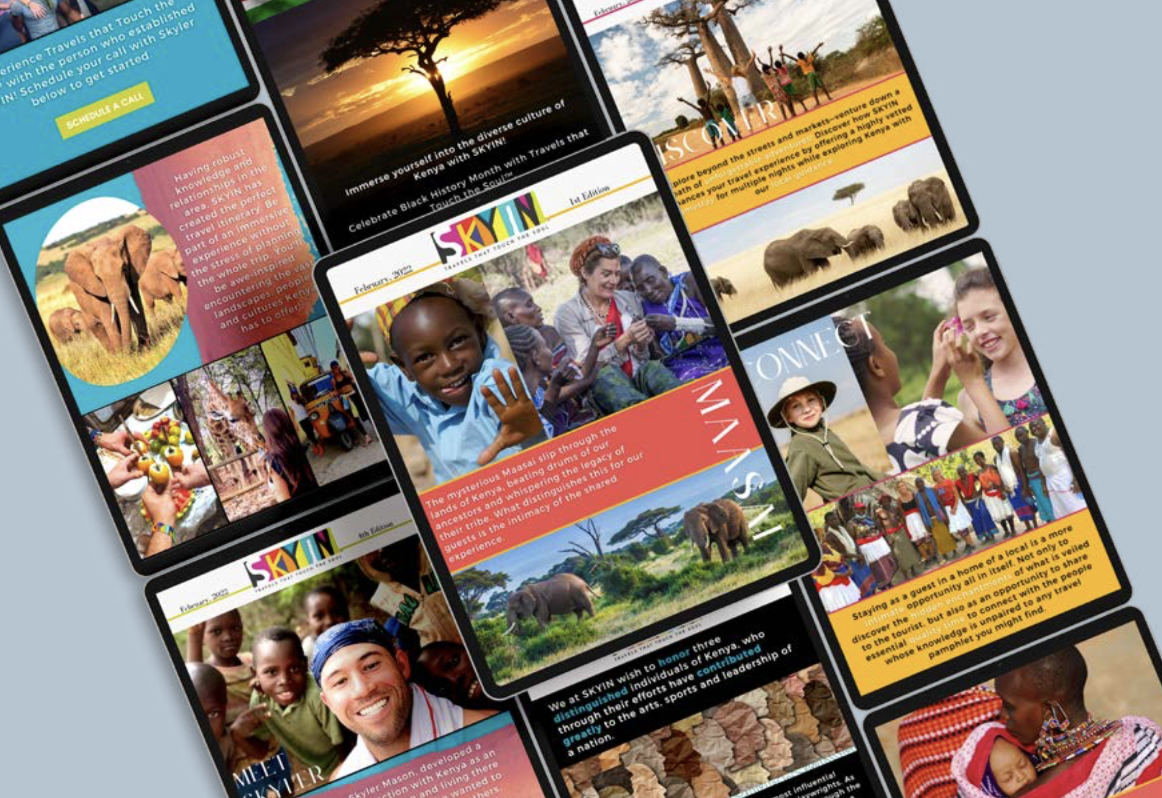 Collection of colorful promotional posters and flyers advertising travel trips and cultural experiences in Kenya, featuring images of elephants, children, local people, and scenic landscapes.