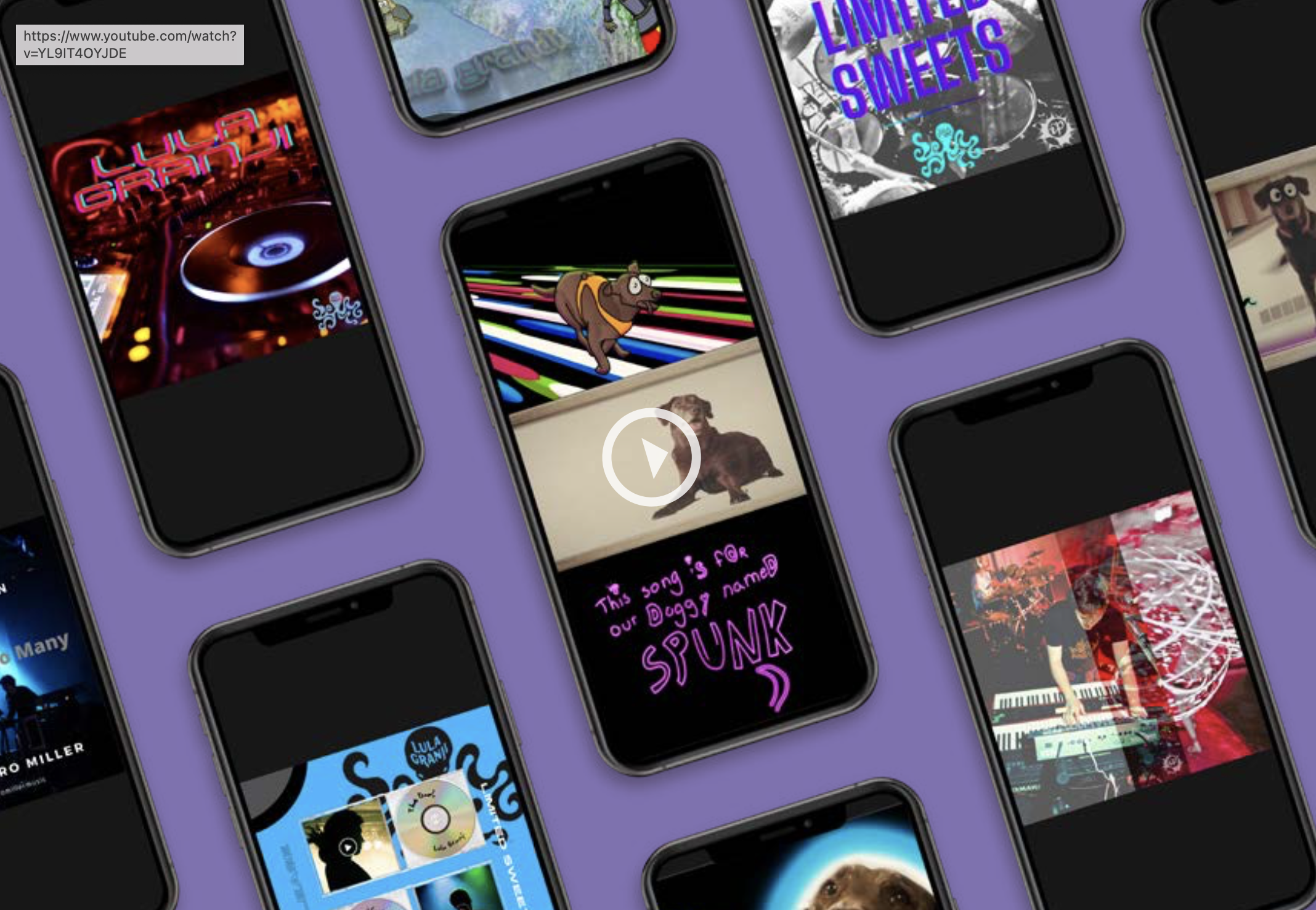 Multiple smartphones displaying various colorful digital and animated images, including text, characters, and graphics, arranged on a purple background.