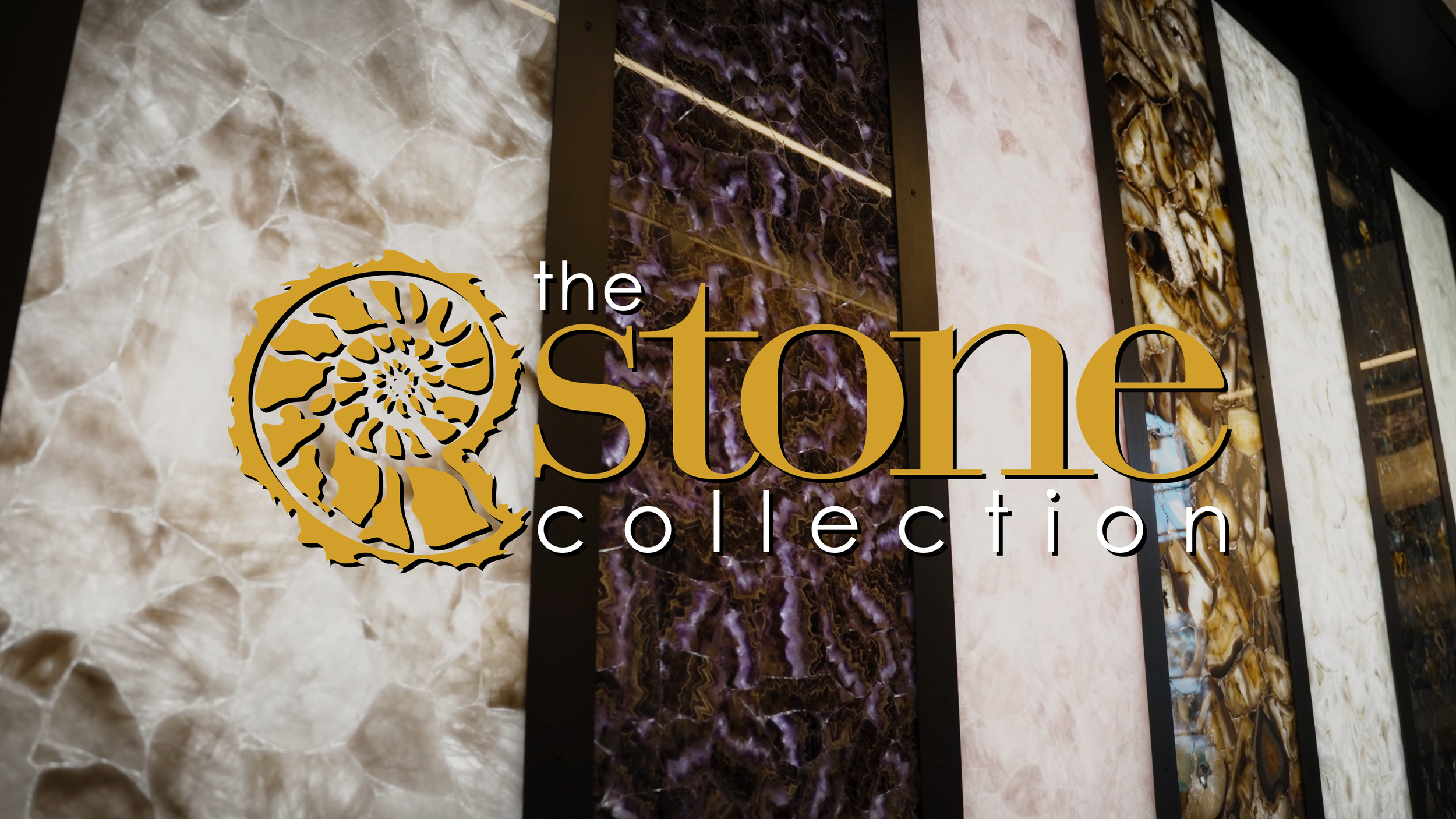 Display of various decorative stone slabs with the text 'The Stone Collection' overlayed.