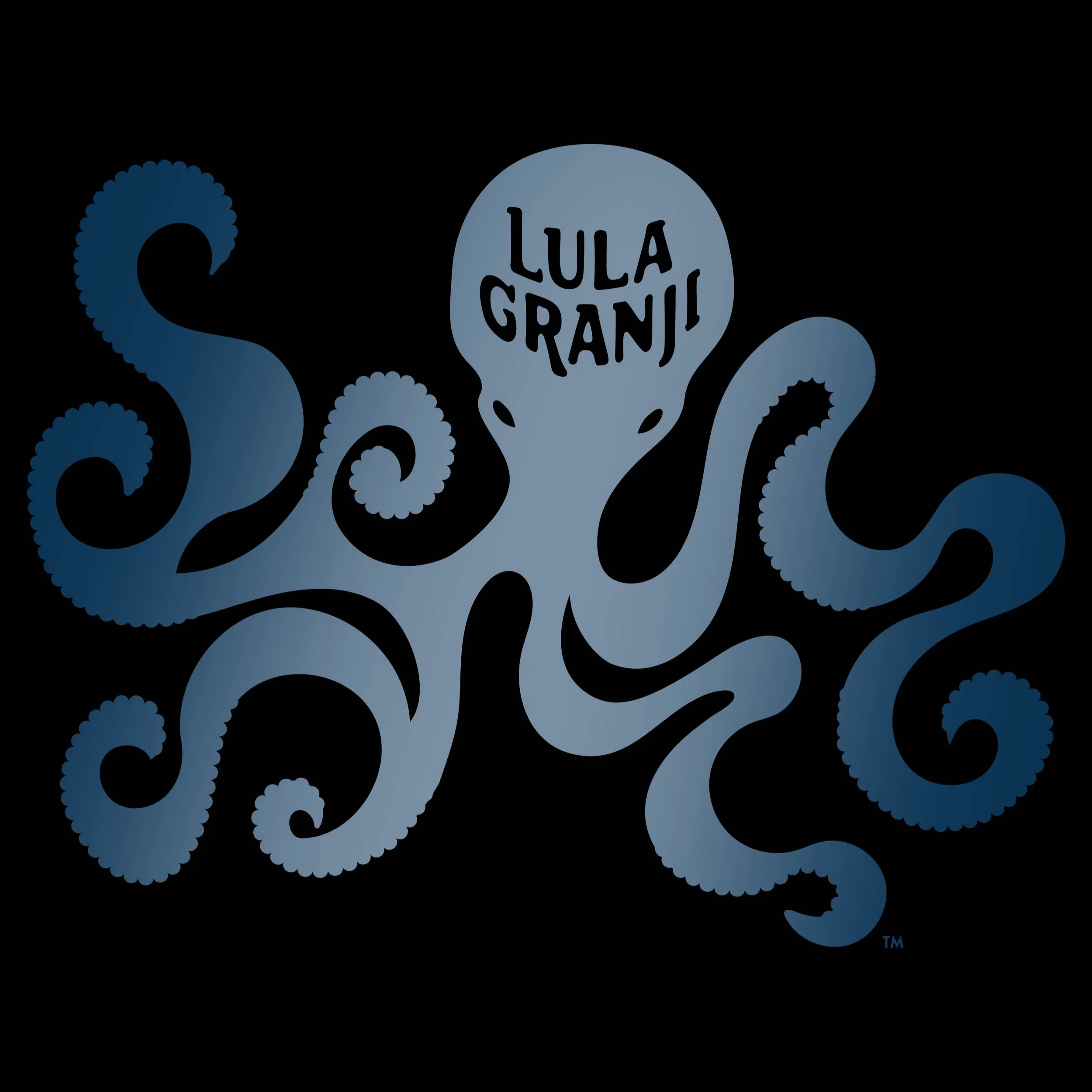 Blue octopus with the word 'LULA GRANT' written on its head, against a black background.