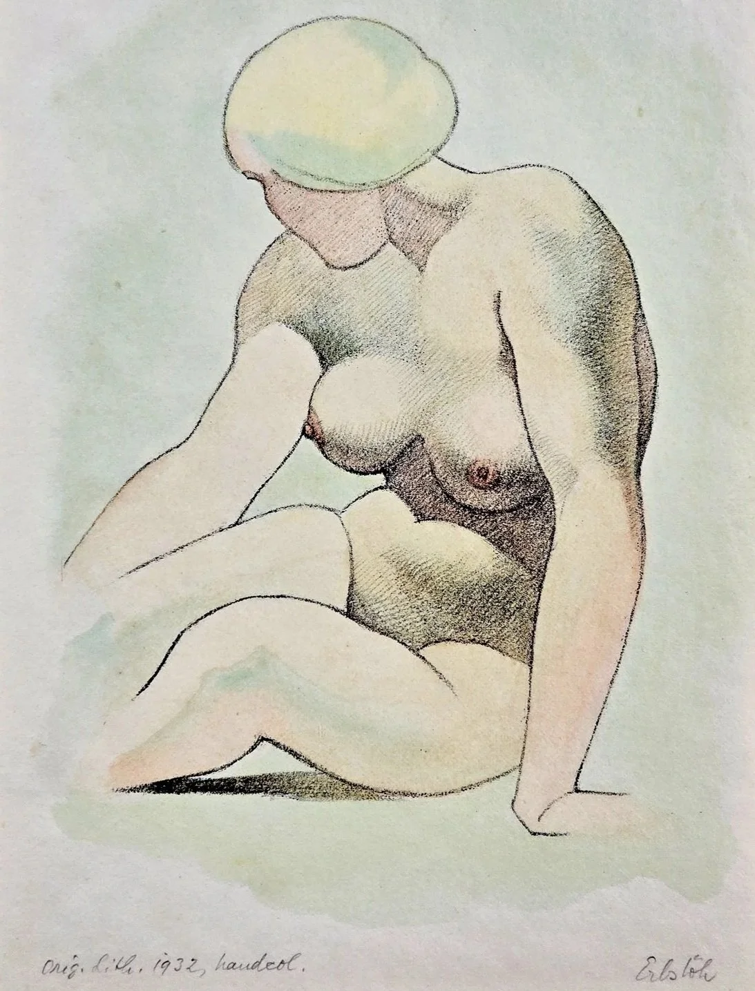 Akt 1932, orig. handkolorierte Lithographie, Adolf Erbslöh