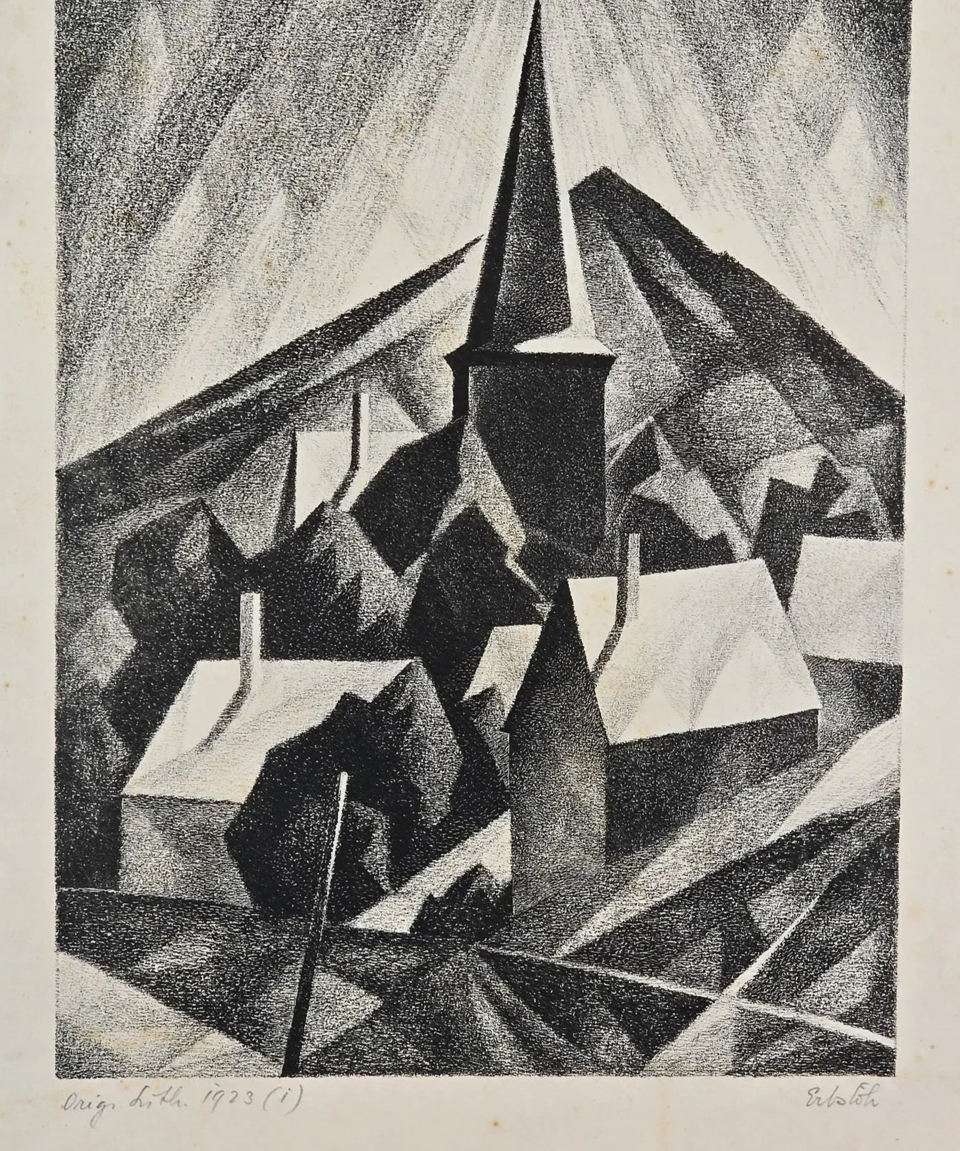 VERKAUFT - "Kirche in Olpe" 1923, orig. Lithographie Adolf Erbslöh