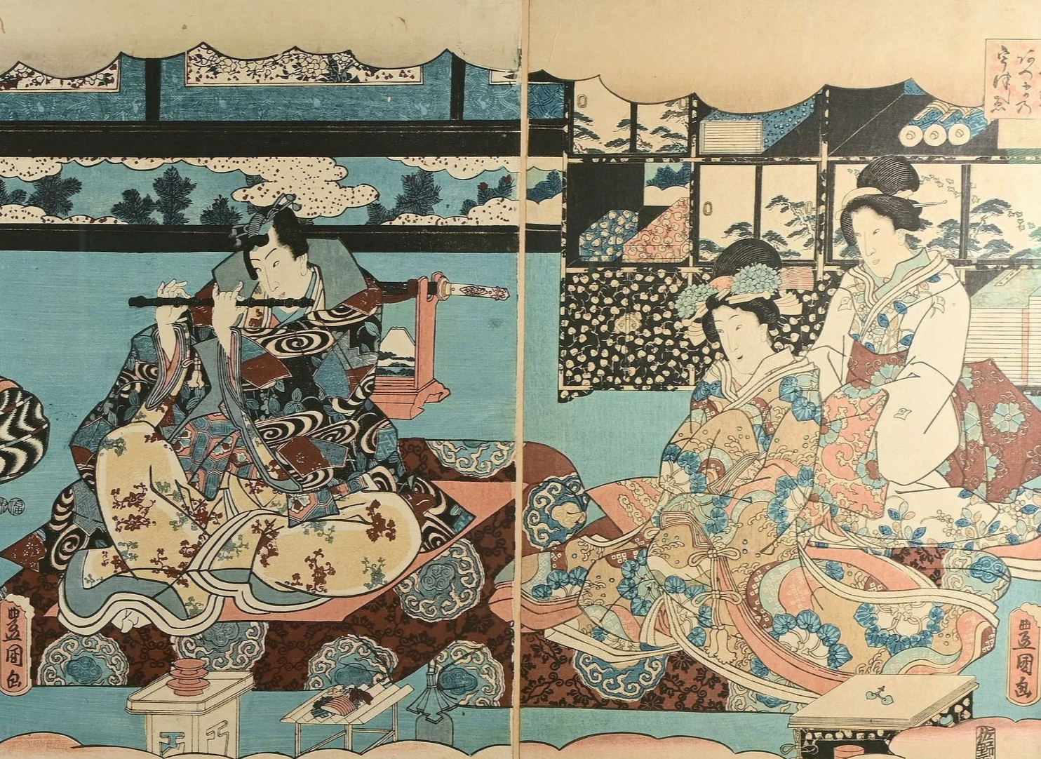 Japanischer Farbholzschnitt von Utagawa Kunisada (1786 - 1865), Triptychon, ca. 78 x 38 cm. Erfahren Sie mehr, indem Sie auf das Bild klicken.