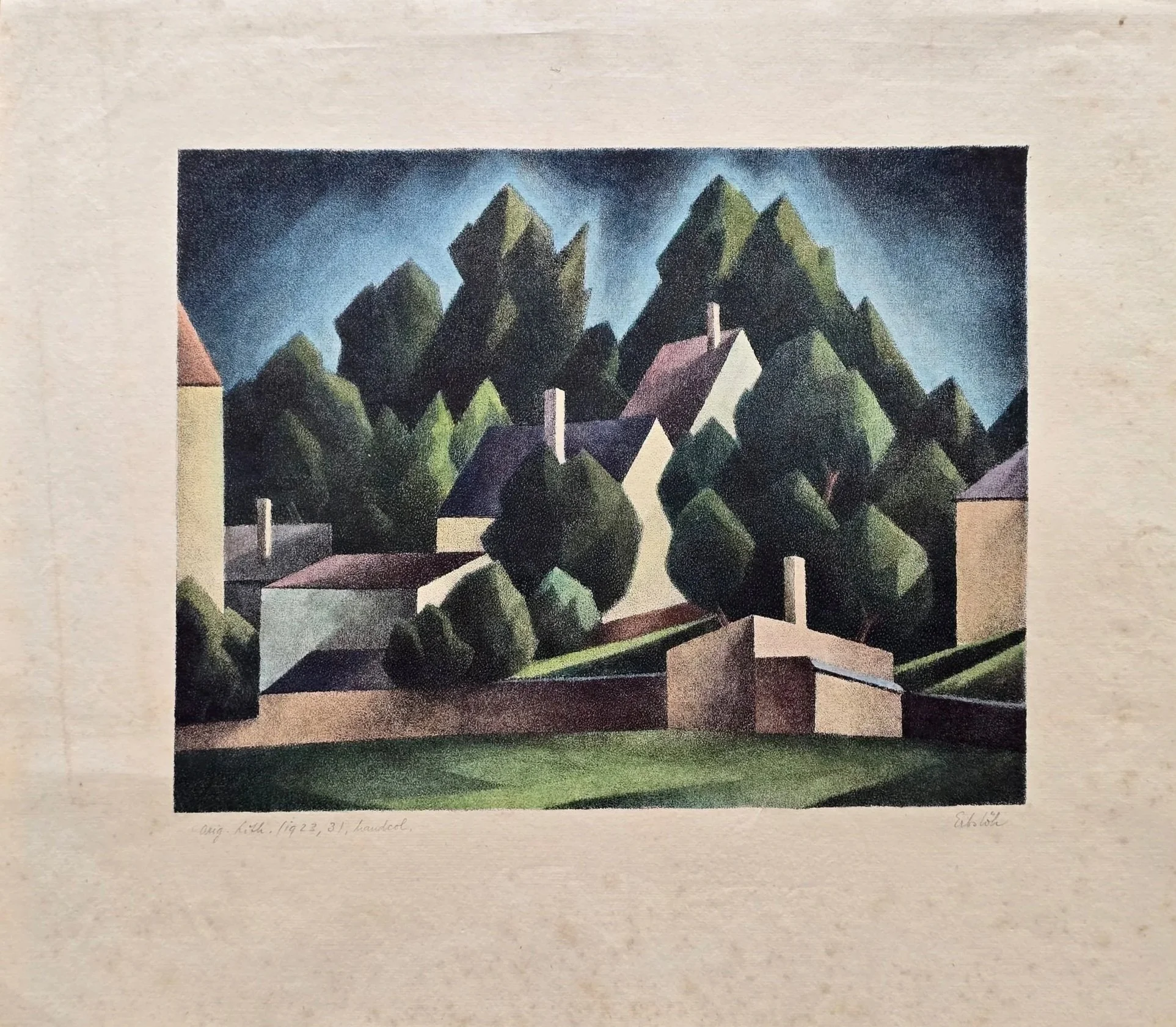 VERKAUFT - "Häuser und Bäume gegenüber dem Gohrenschlößchen in Schwabing" 1923, Adolf Erbslöh, orig. Lithographie, handkoloriert.