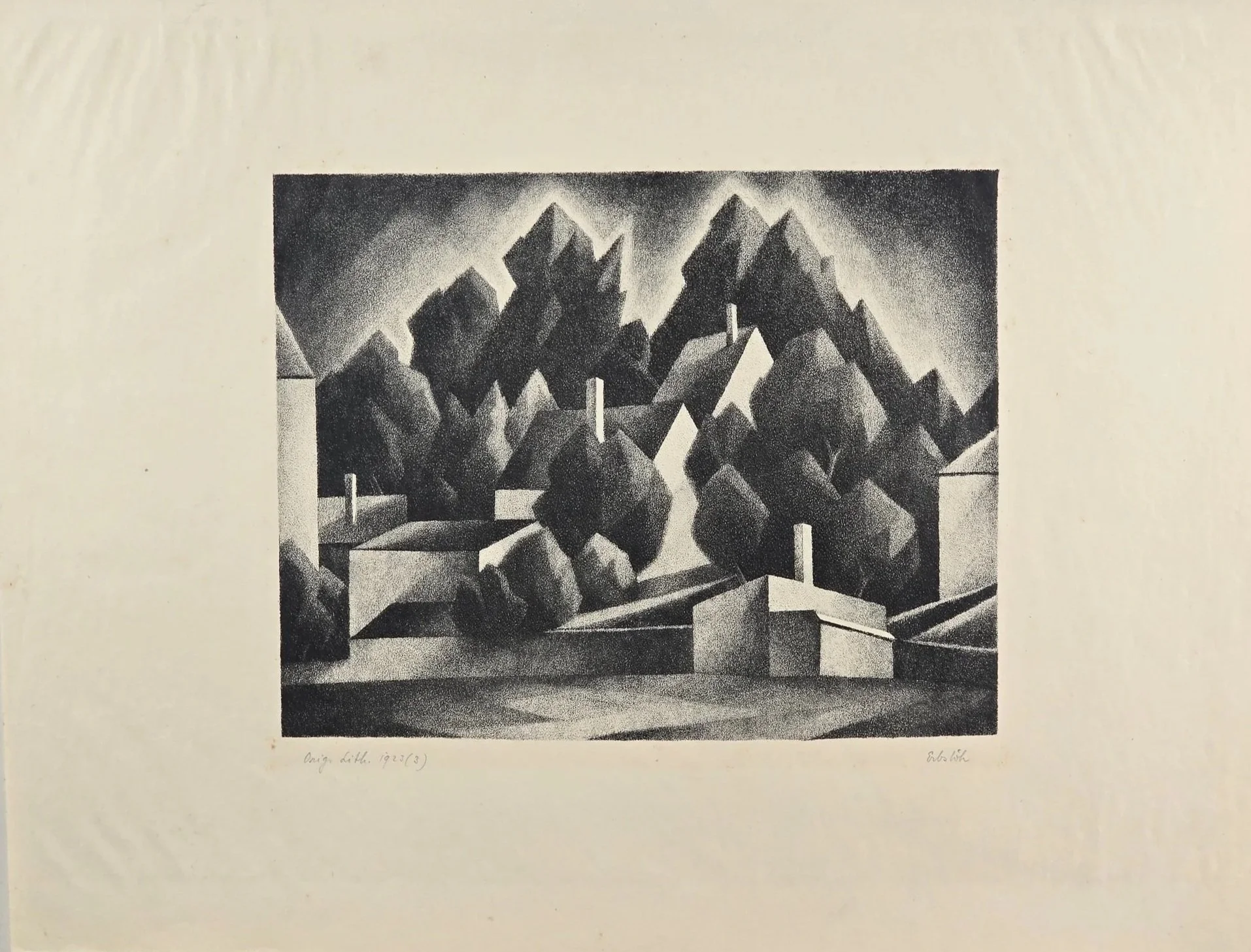 VERKAUFT - "Häuser und Bäume gegenüber dem Gohrenschlößchen in Schwabing" 1923, Adolf Erbslöh, orig. Lithographie.