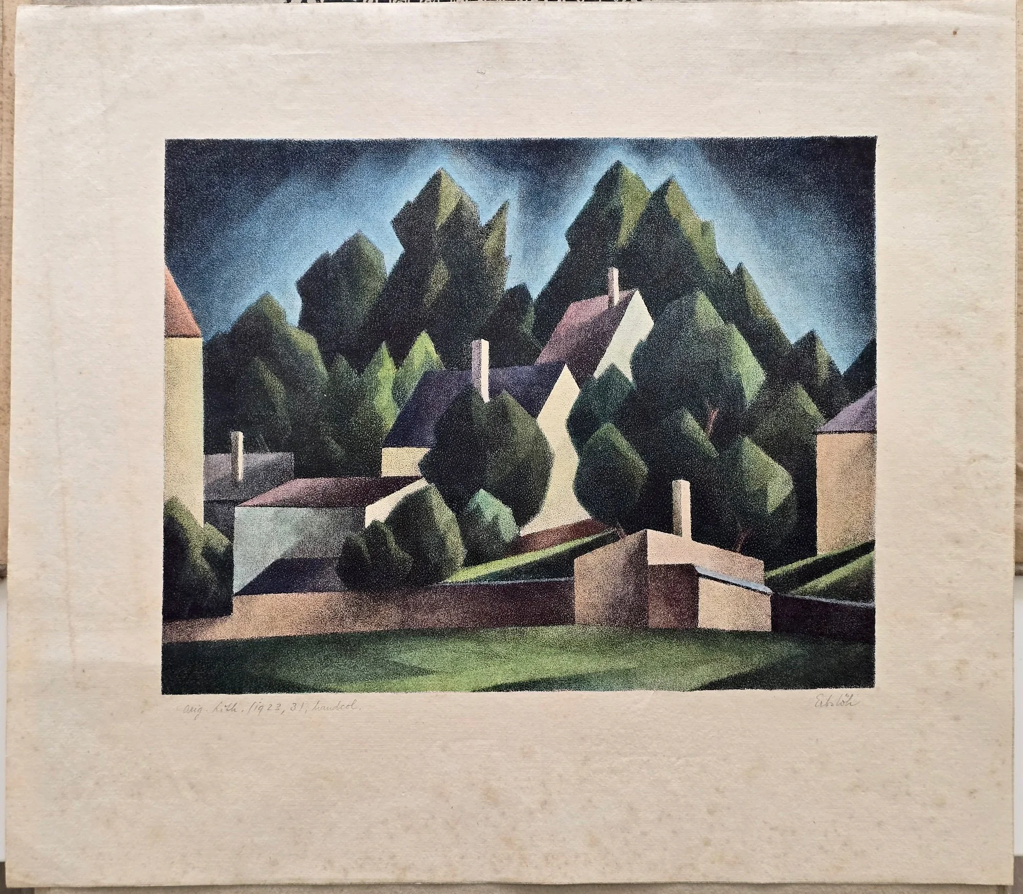 VERKAUFT - "Häuser und Bäume gegenüber dem Gohrenschlößchen in Schwabing" 1923, Adolf Erbslöh. Orig. Lithographie, handkoloriert.