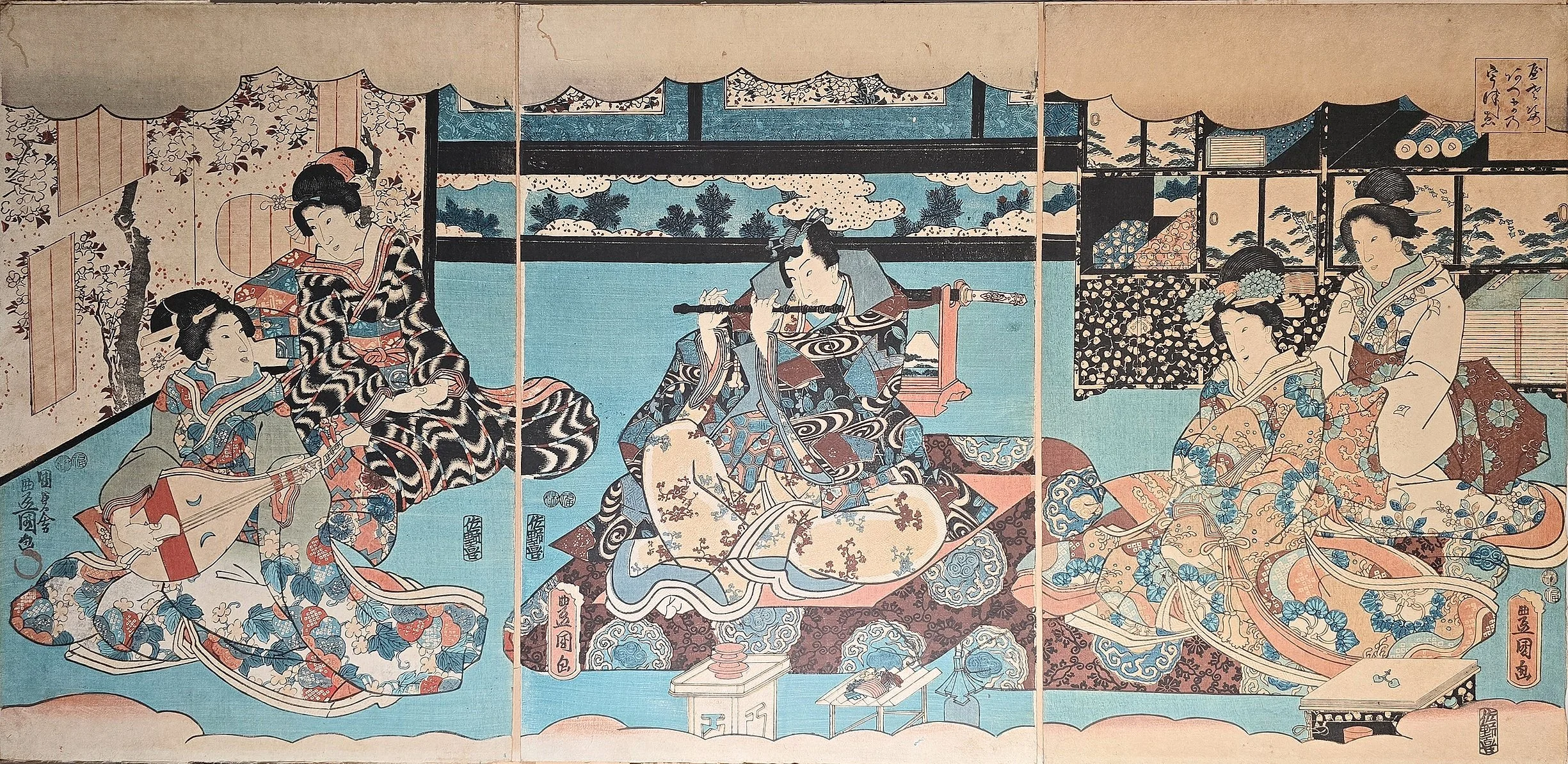 Holzschnitt von Utagawa Kunisada (1786 - 1865) aus der sogenannten Inaka Genji Serie, Triptychon, ca. 78 x 38 cm. 

Erfahren Sie mehr, indem Sie auf das Bild klicken.