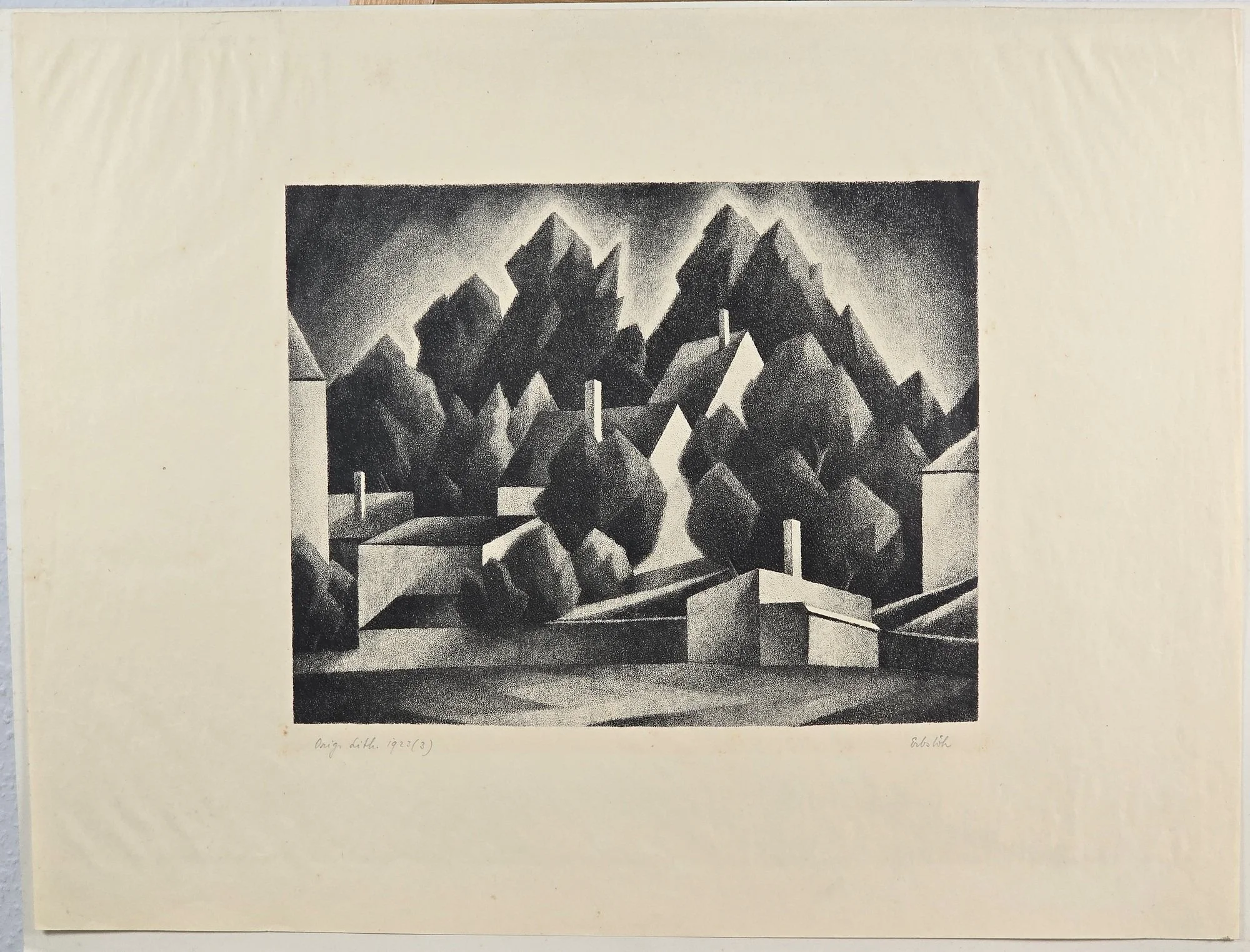VERKAUFT - "Häuser und Bäume gegenüber dem Gohrenschlößchen in Schwabing" 1923, Adolf Erbslöh. Orig. Lithographie.