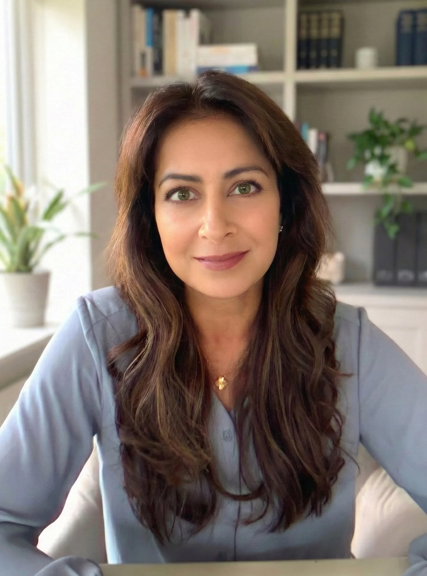 A woman with long, wavy brown hair and green eyes smiling at the camera in a bright room with a bookshelf and potted plant in the background.