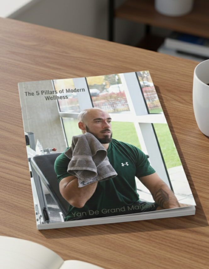 Book titled "The 5 Pillars of Modern Wellness" featuring a man in a green shirt holding a towel on his shoulder, sitting indoors near large windows with an outdoor view.