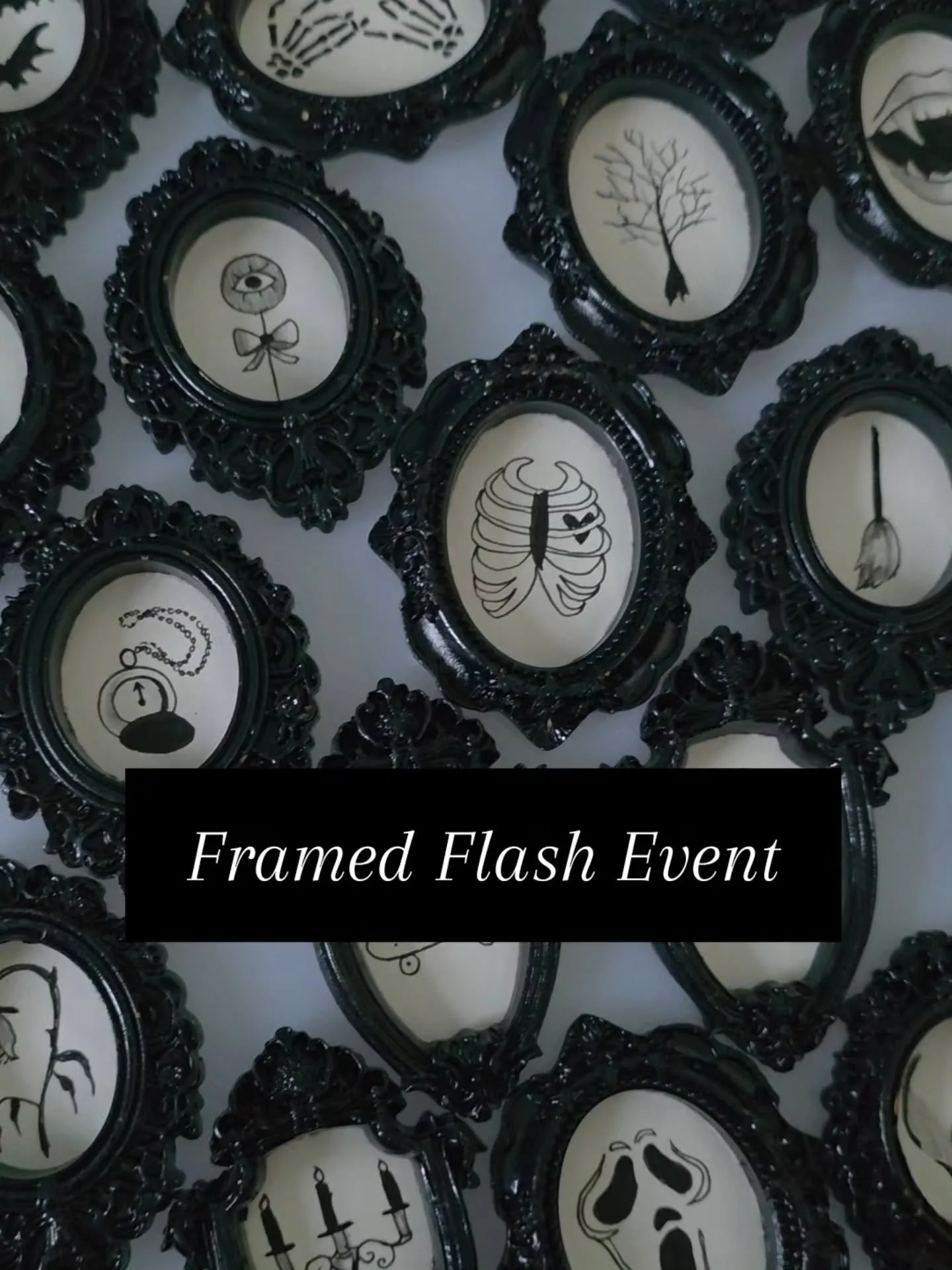 This October I'm turning my tattoo studio into a little spooky art gallery 🖤

Introducing my Halloween flash event: Framed Flash!
When you click the link and choose a design you get...

🖤The tattoo
🖼The original artwork (drawn by me!) in a cute ti