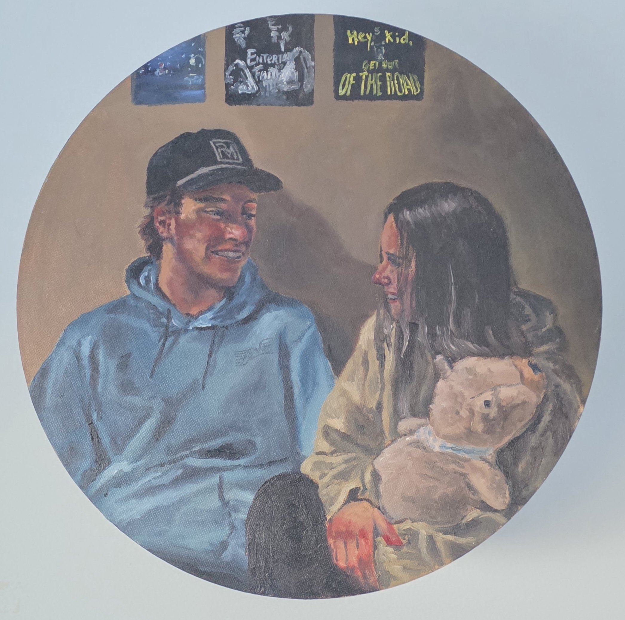 A painting of a young man and woman sitting together, talking, with the woman holding a plush bear. The background features movie posters on a brown wall.