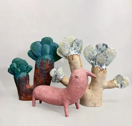  Installation View    Flora #4, 2022, 17 × 14 × 5 inches (left)  Fauna #1, 2023, 9 × 14 × 5 inches (center)  Flora #7, 2023, 17 × 19 × 5 inches (right) 