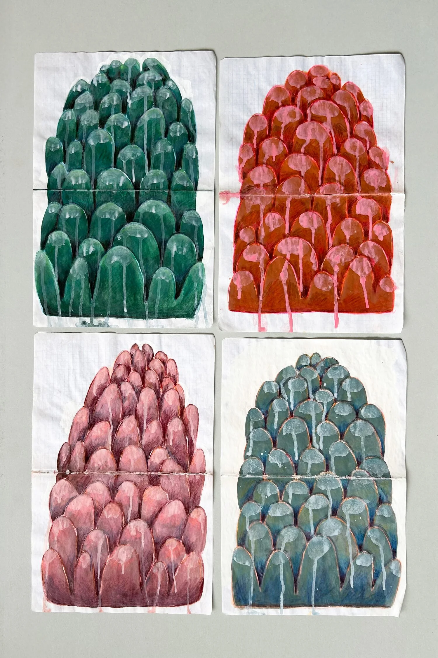  Drawing, 2023  Acrylic and colored pencil on paper  14 × 10 inches each 