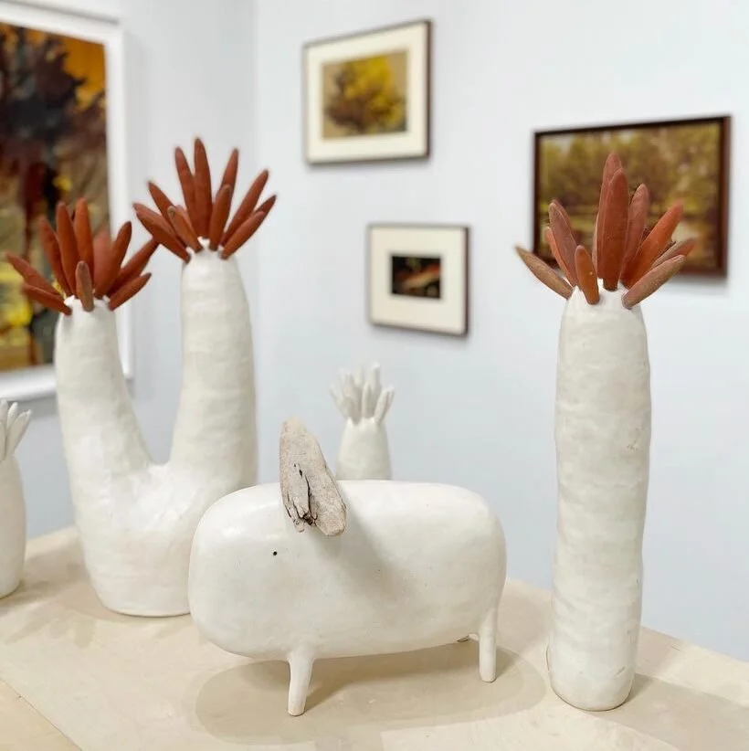  #95, 2020-2022 (left)  Ceramic  26 × 16 × 9 inches    #2025, 2020-2022 (center)  Ceramic and wood  10.5 × 14 × 14 inches    Untitled, 2020-2022 (right)  Glazed ceramic  24 × 8 × 8 inches 