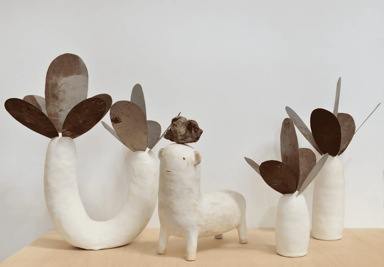  #46, 2020-2022 (left)  Glazed ceramic and metal  19.7 × 17 × 10.25 inches    #44, 2020-2022 (right)  Glazed ceramic and metal  13 × 7 × 8.5 inches 