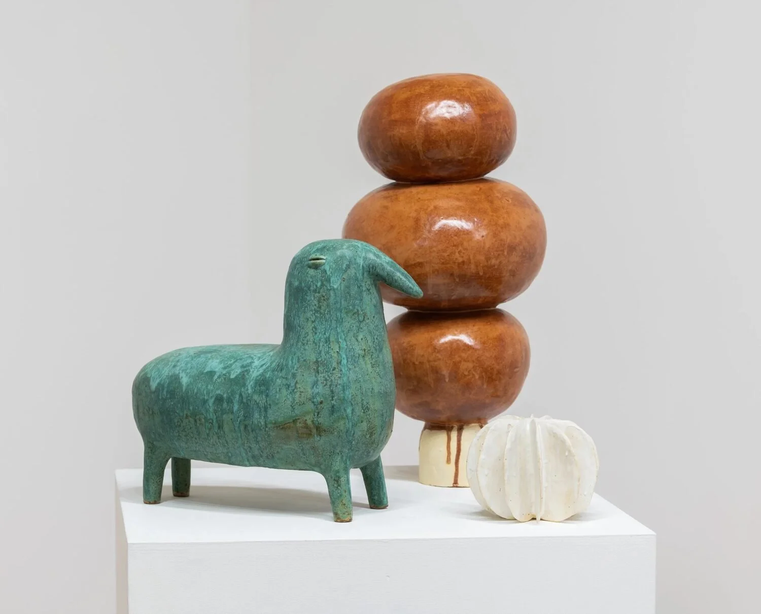  #58, 2023 (left)  Glazed ceramic  12.5 × 13.3 × 23 inches    #53, 2019 (center)  Glazed ceramic  19.6 × 8.3 × 8.7 inches 