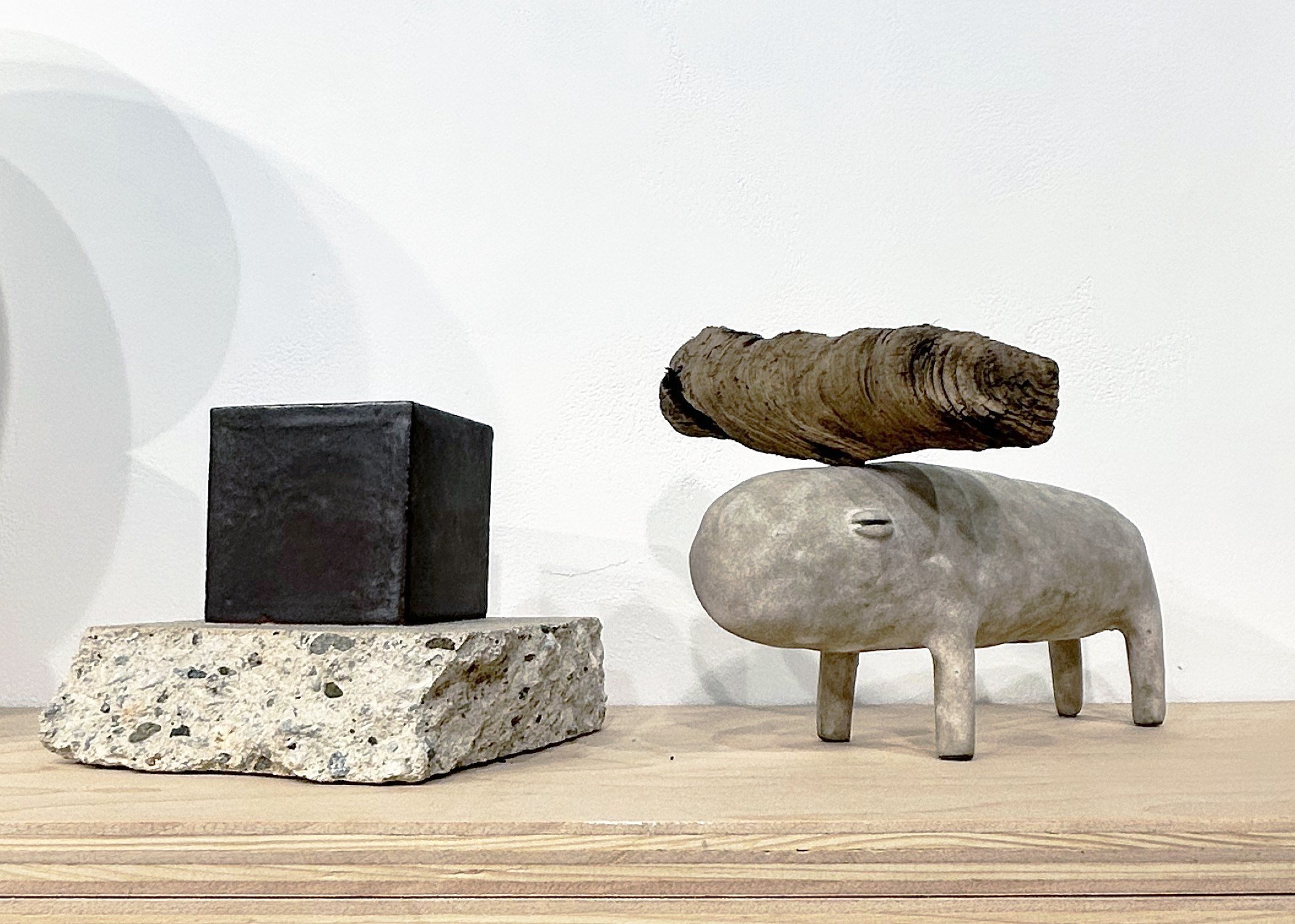  TC #4, 2025 (left)  Cement and glazed ceramic  4.5 × 6 × 6 inches    TC #24, 2026 (right)  Wood and glazed ceramic  7.5 × 9 × 7 inches 