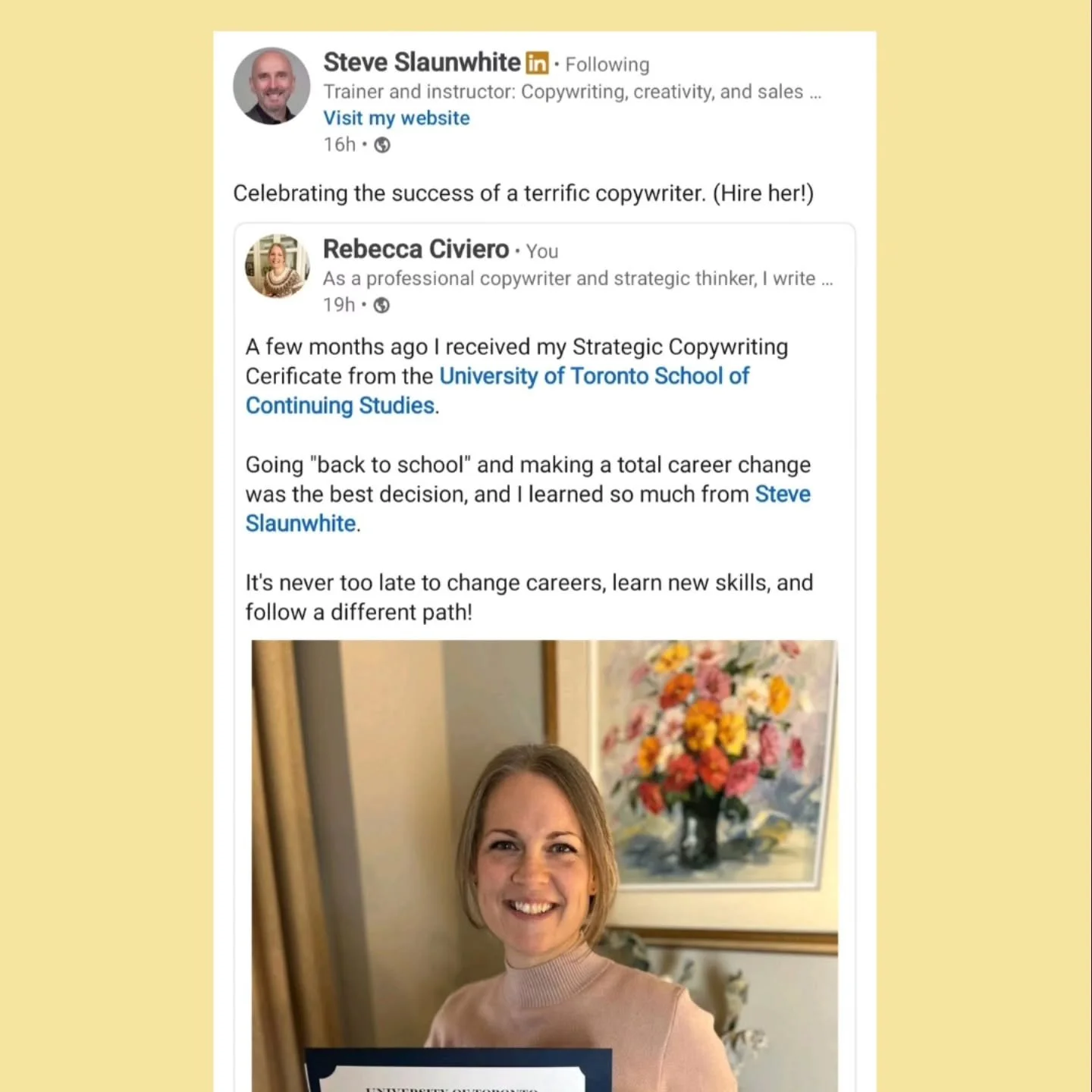 Going "back to school" was both exciting and terrifying, but so worthwhile! 

Steve Slaunwhite (copywriter, author, and AWAI 2016 Copywriter of the Year) is incredibly well respected in the field, and it was such a privilege to learn from h