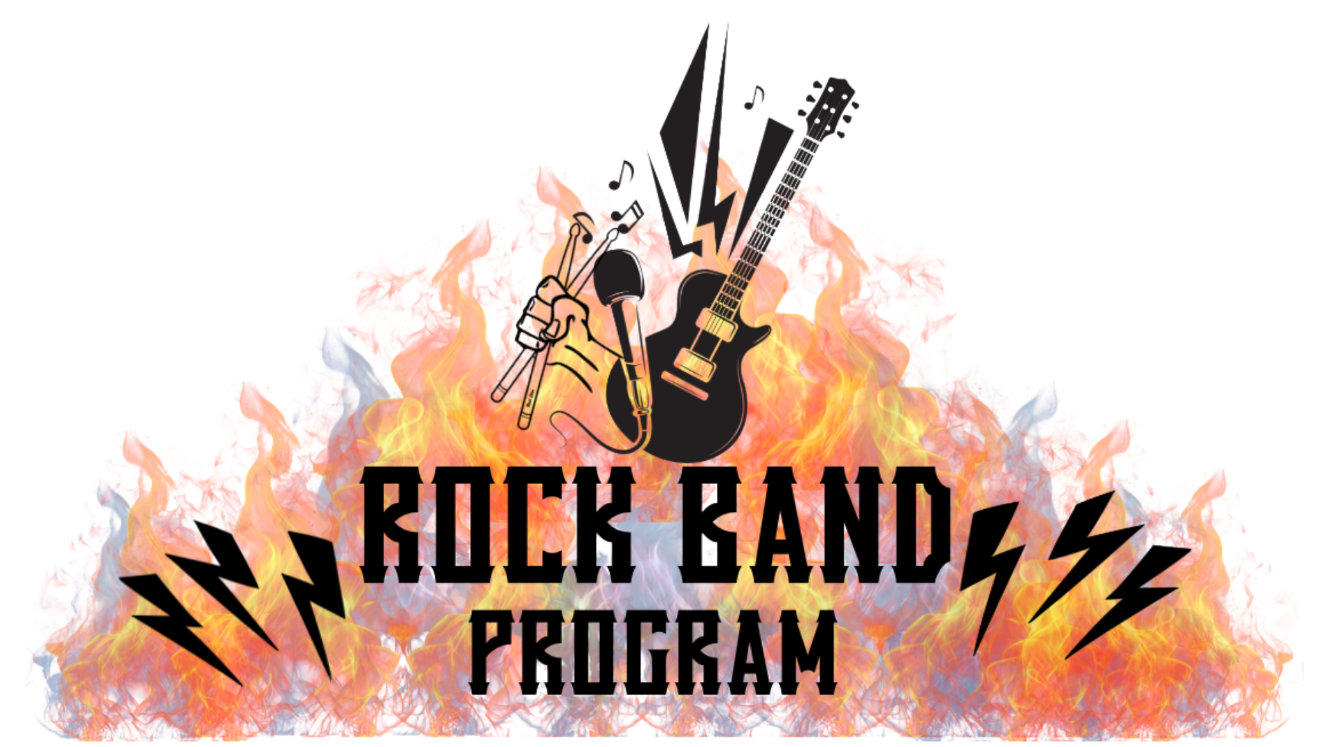 A graphic design with flames, lightning bolts, a guitar, microphone, and drumsticks, featuring the text 'Rock Band Program' in bold black letters.