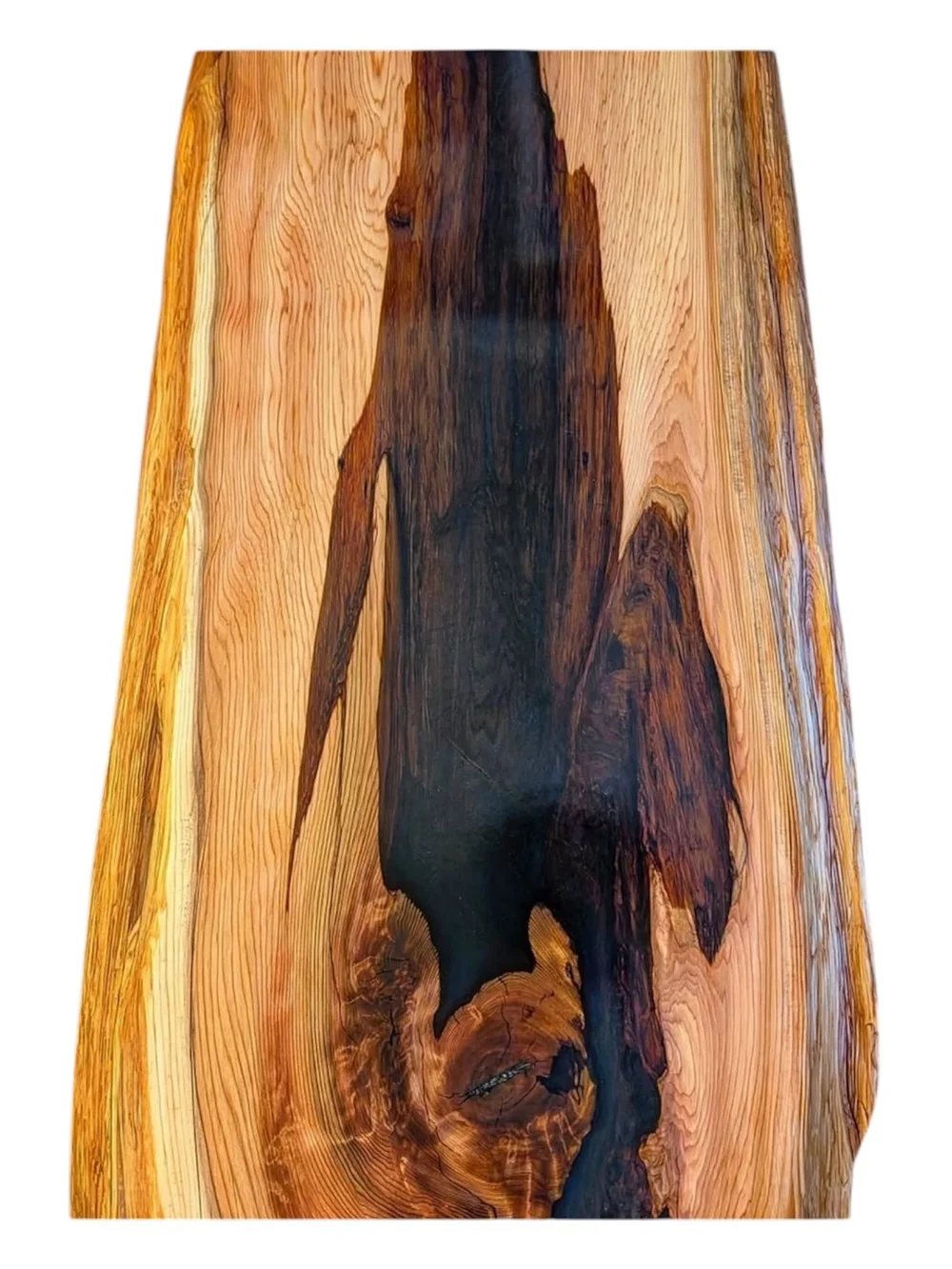 River epoxy coffee table with resin channel through live edge walnut
